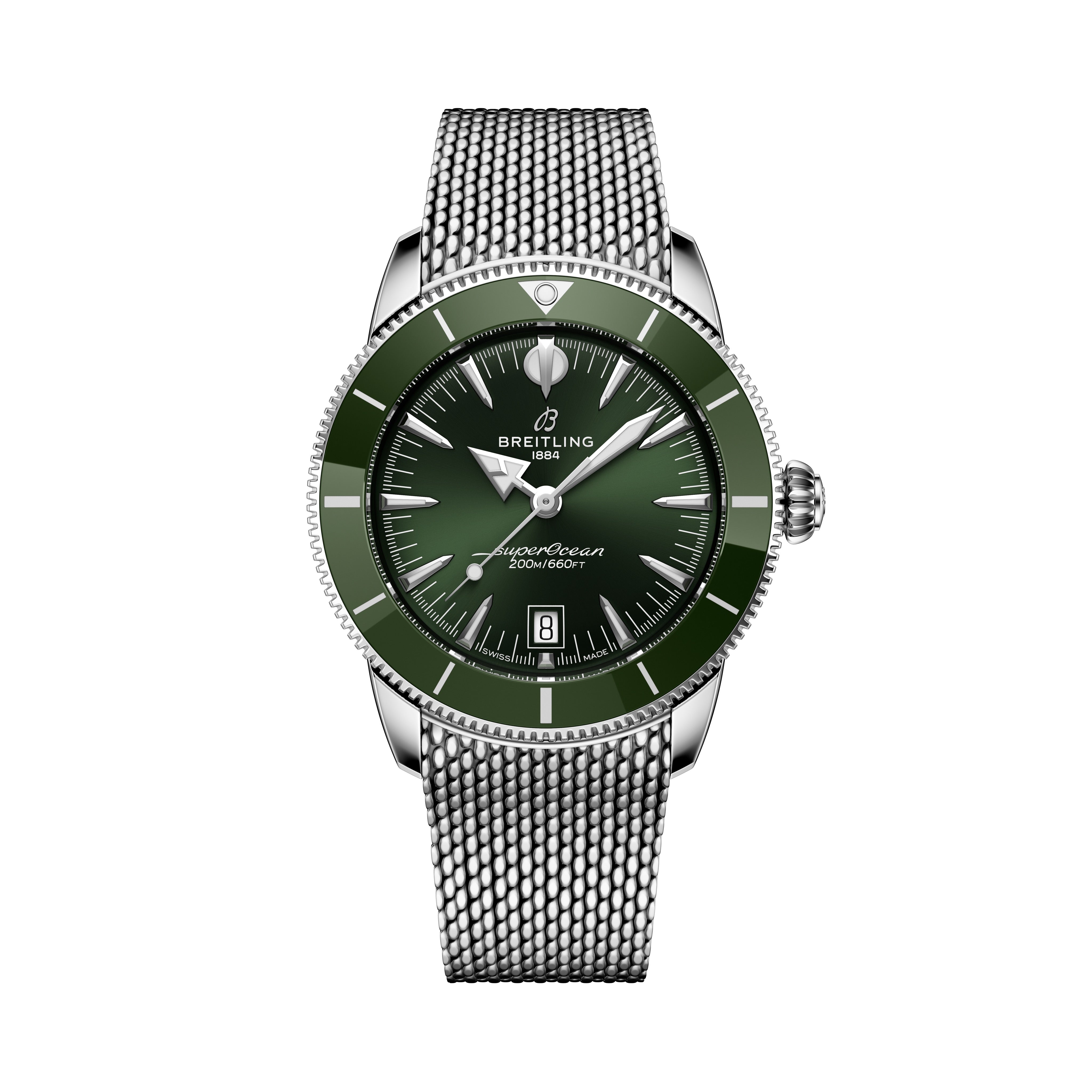 The Breitling Superocean Heritage B31 Automatic 42 features a green dial, silver mesh band, date display, and luminous hands.