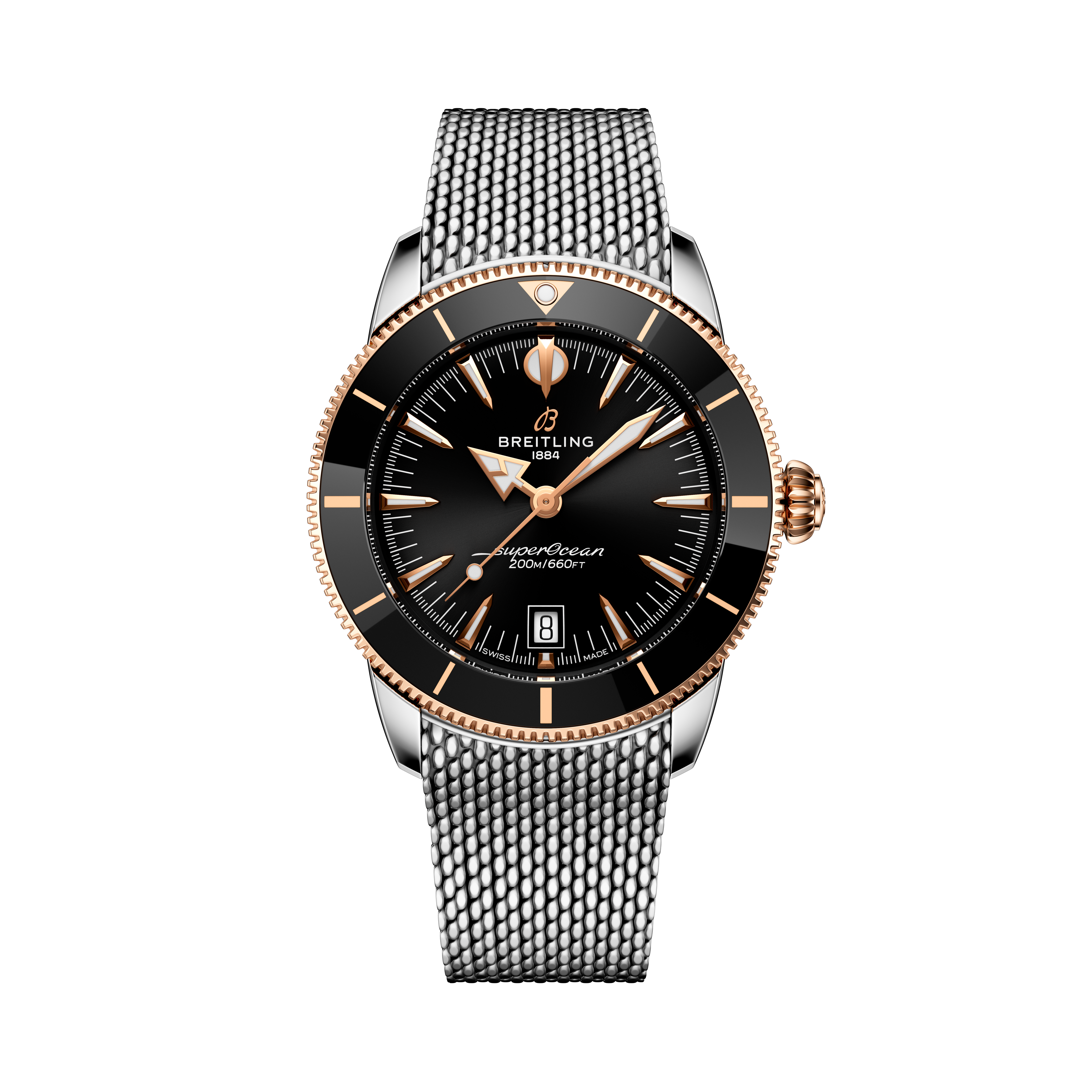 The Breitling Superocean Heritage B31 Automatic 42 features a black dial with gold accents and a silver mesh metal strap, displayed on a black background.