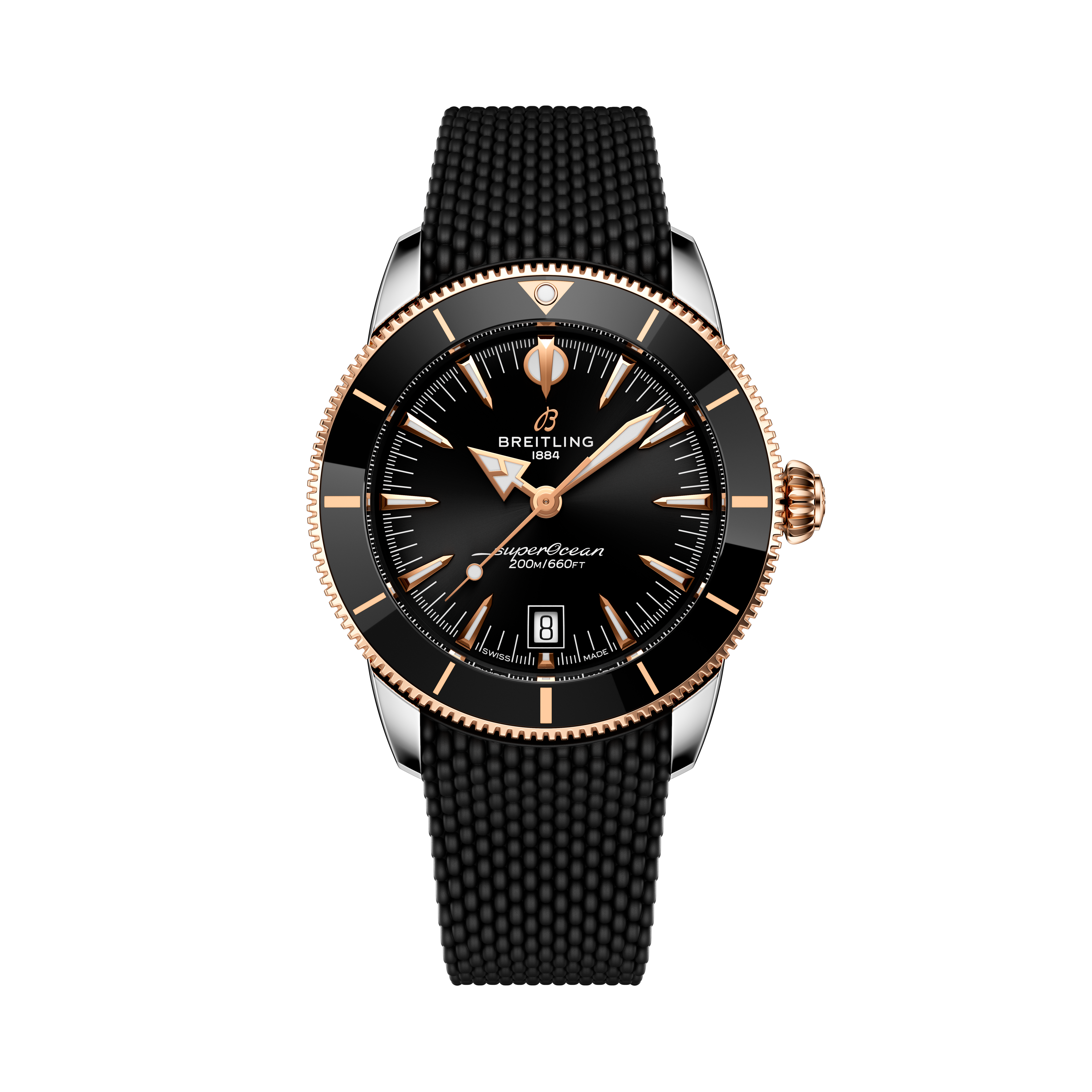 Breitling Superocean Heritage B31 Automatic 42: black and gold wristwatch with a textured black strap and date display at 6 o’clock.