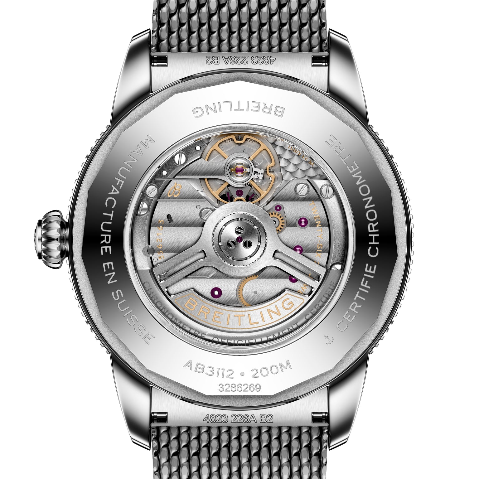 Back view of the Breitling Superocean Heritage B31 Automatic 44, highlighting its exposed automatic movement and engraved case details.