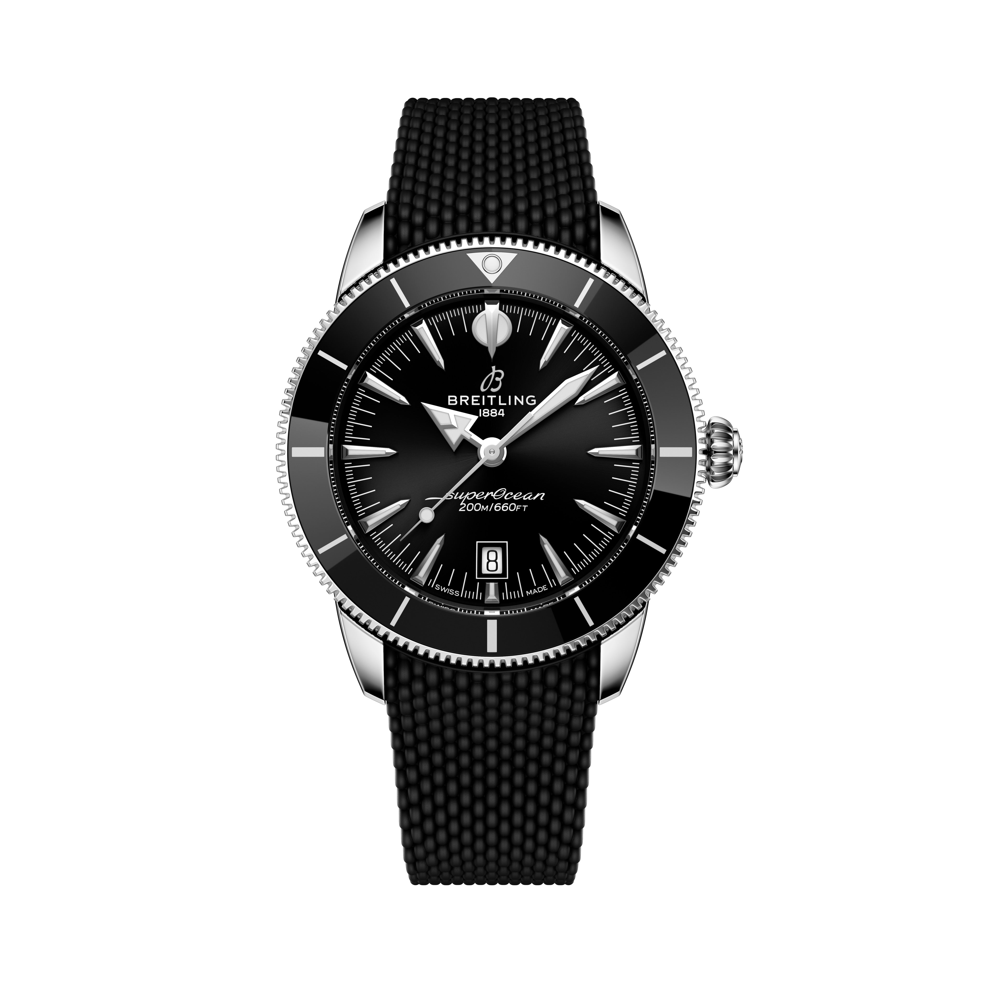 The Breitling Superocean Heritage B31 Automatic 44 features a black dial, date display, and textured black strap.
