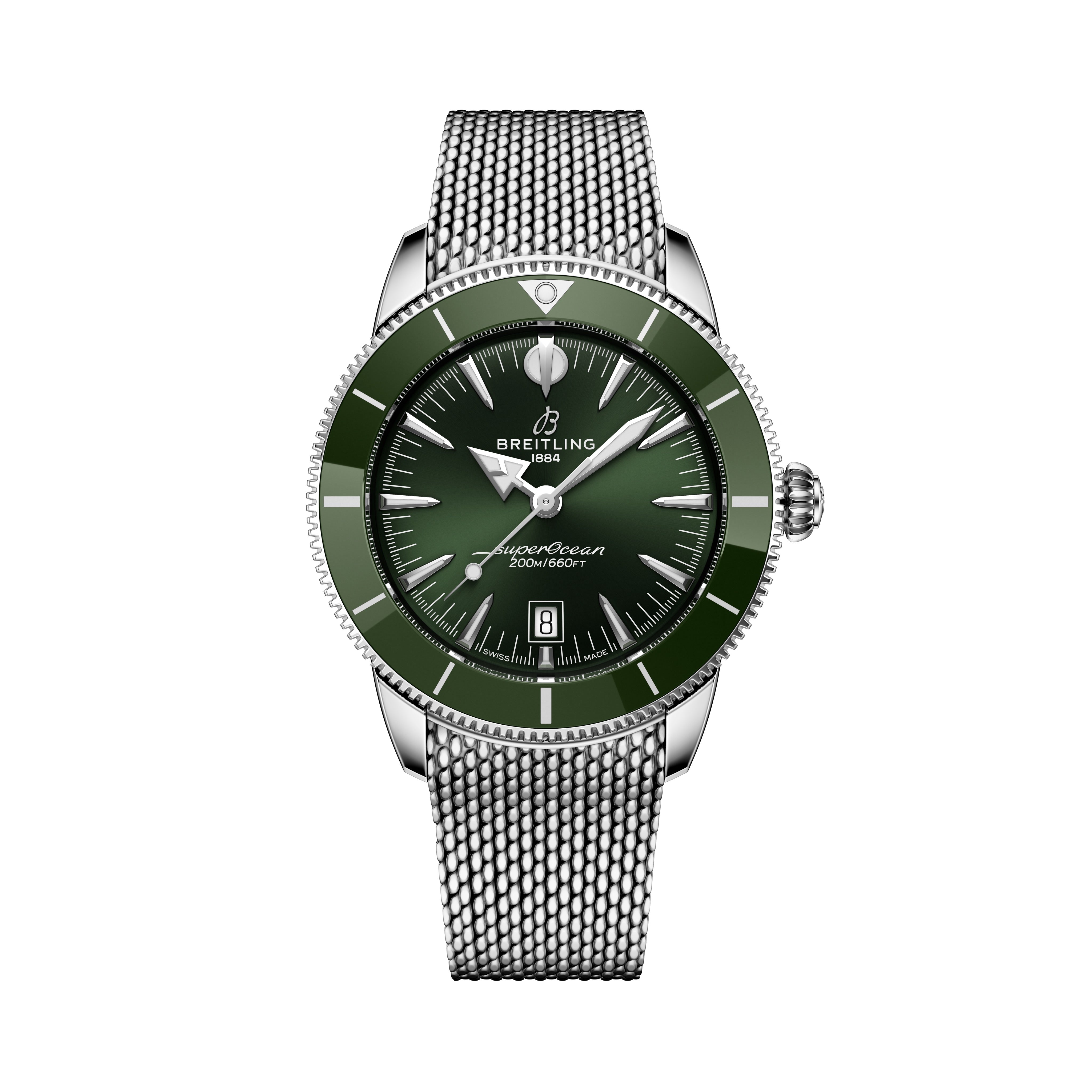 The Breitling Superocean Heritage B31 Automatic 44 features a green dial, silver mesh band, silver hour markers, and a date window at 6 o’clock.
