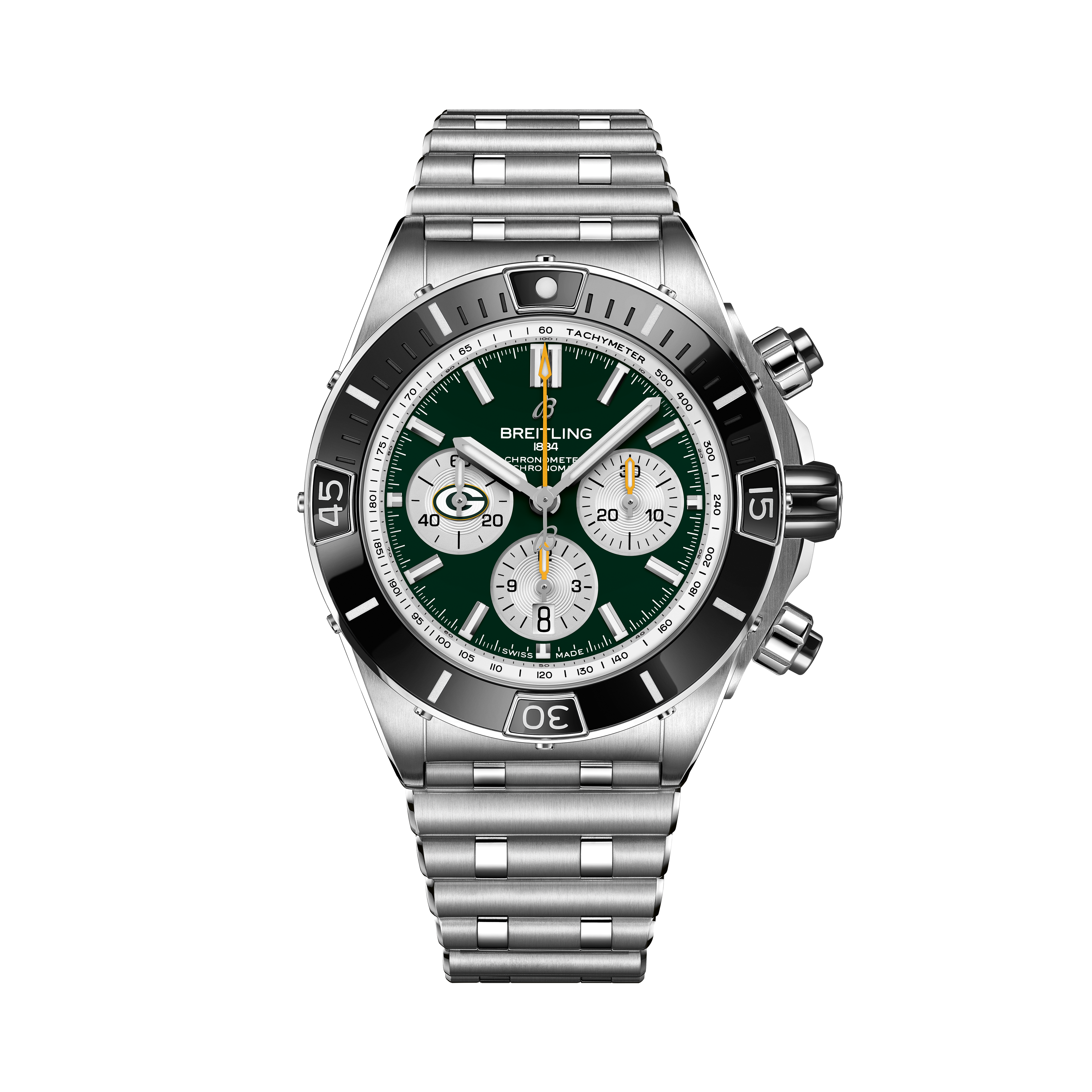 The Breitling Super Chronomat B01 44 Green Bay Packers is a luxury stainless steel sports watch with a green dial, three subdials, date window, black bezel, and metal bracelet—showcasing bold style.