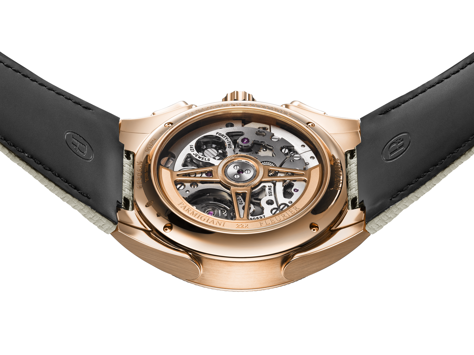 A close-up of the Parmigiani Fleurier TONDA PF Sport, showcasing its exposed mechanical movement in a rose gold case with a black leather strap.