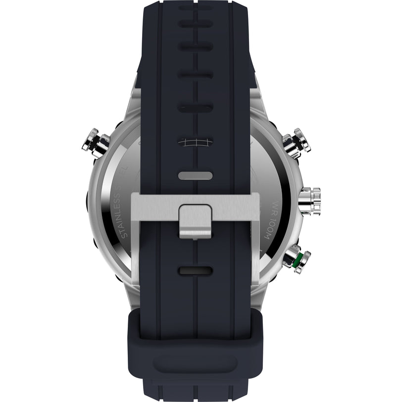 A close-up of the Timex Expedition Tide-Temp-Compass shows its stainless steel case, black rubber strap with silver buckle, multiple buttons, and a built-in electronic compass.