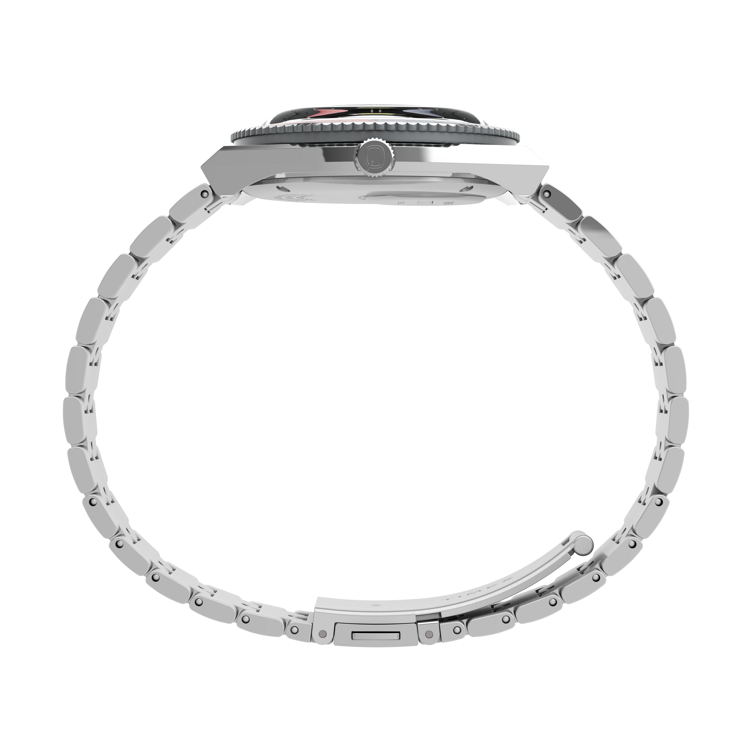 Side view of the Timex Q Timex GMT wristwatch in silver with a round face, visible crown, and linked bracelet band, shown against a white background.
