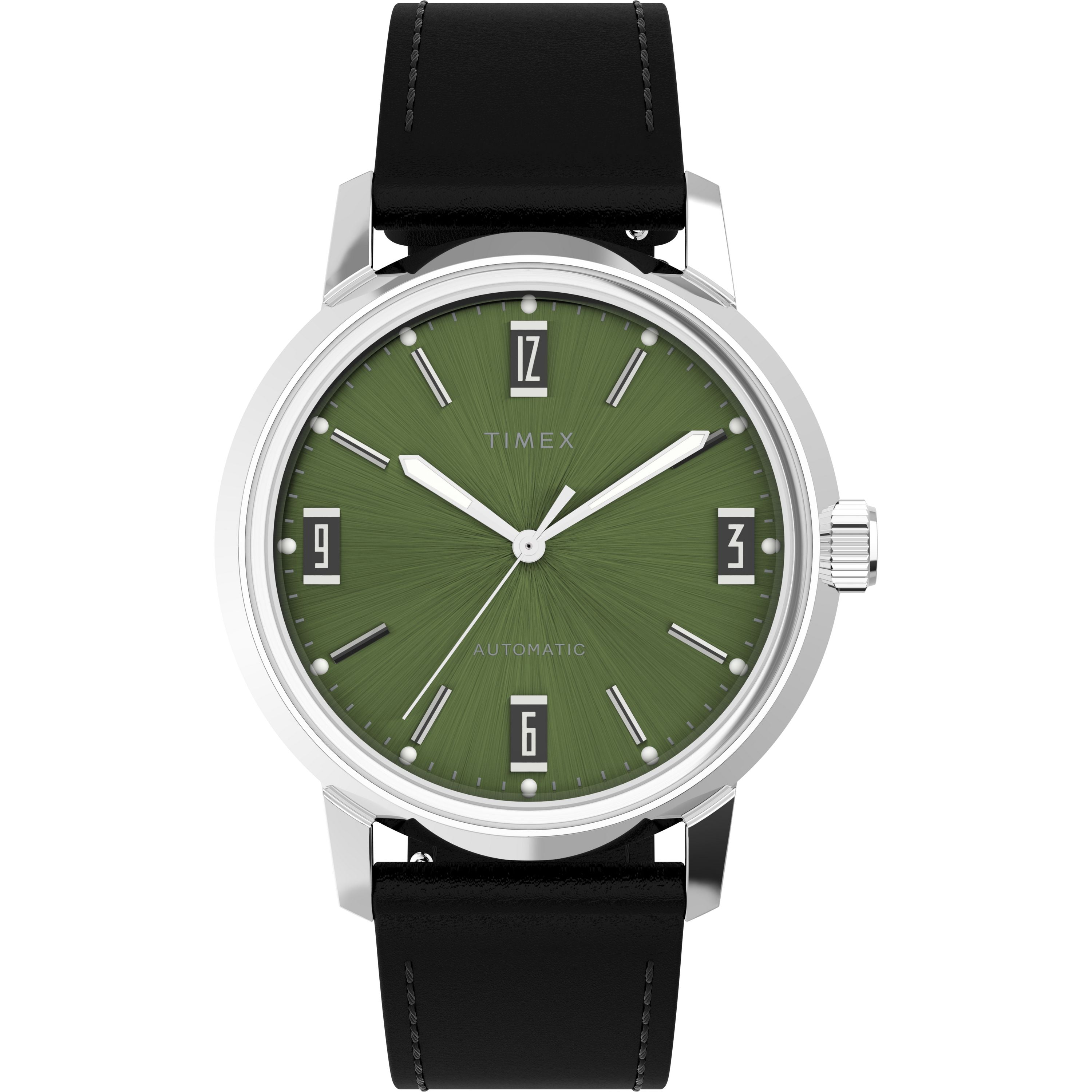The Timex Marlin® Automatic features a green sunburst dial with silver markers, black rectangular hour indicators, a black leather strap, and domed acrylic crystal on a silver case, inspired by the 1960s Marlin design.