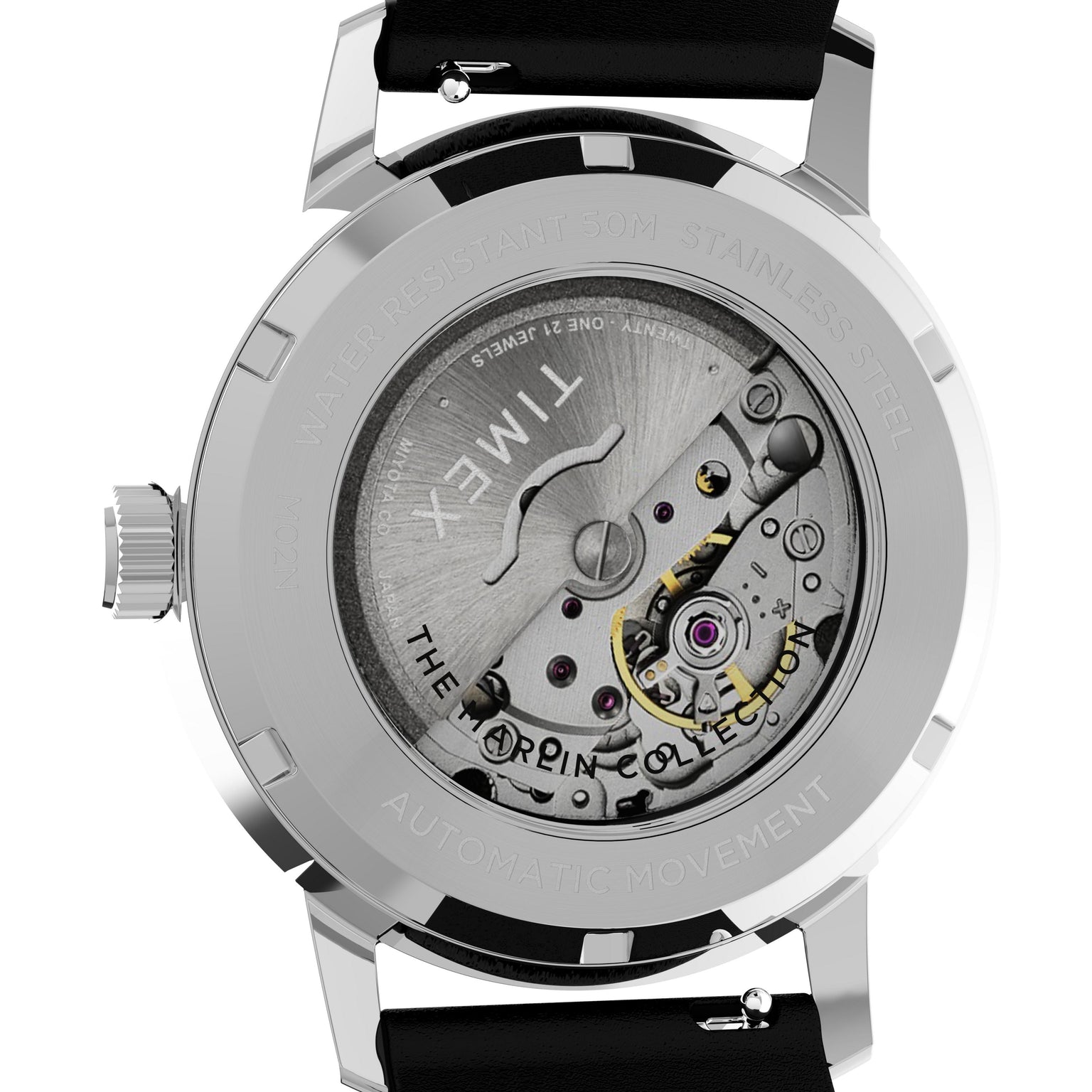 Close-up of the back of the Timex Marlin® Automatic, showcasing its exposed mechanical movement and engraved stainless steel case. This watch features a black leather strap and a domed acrylic crystal.