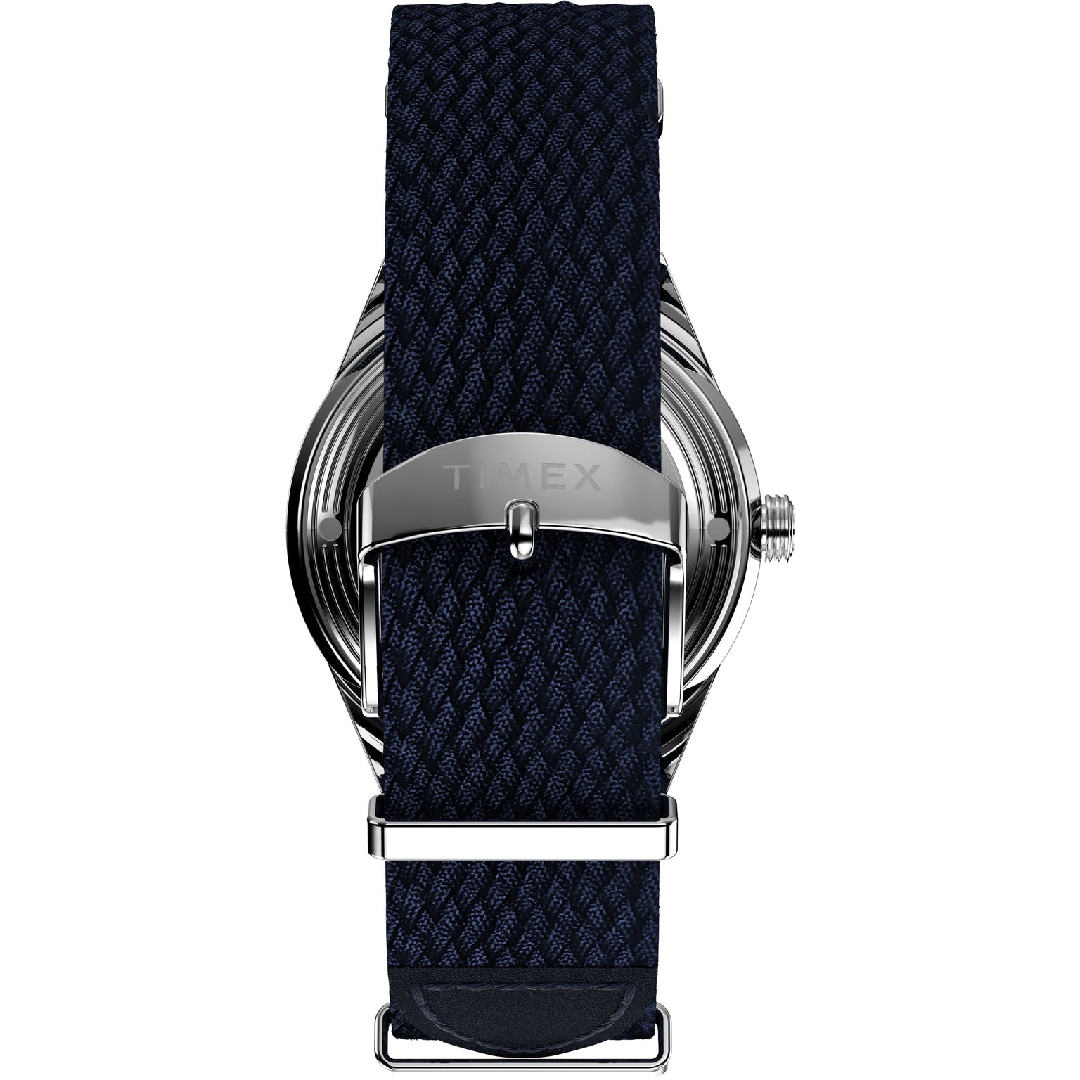 Close-up of the back of the Timex Marlin® Jet Automatic, featuring a navy blue woven strap and a silver TIMEX-engraved buckle. The metallic case reflects the retro-futuristic style iconic to this timepiece.