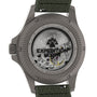 Close-up of the Timex Expedition Titanium Automatic's back, featuring a transparent case showing the Japanese automatic movement and engraved water resistance and titanium details, paired with a green fabric strap.