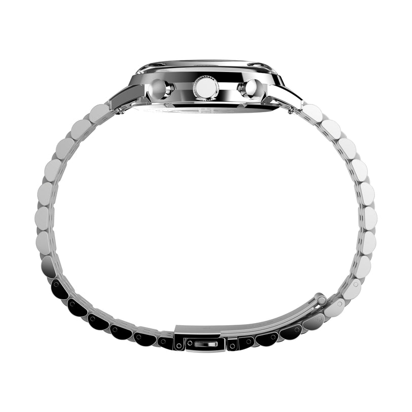 Side view of the Timex Marlin® Chronograph Tachymeter, showcasing its silver round face, linked bracelet, tachymeter bezel, prominent crown and buttons, and the clasp visible underneath.