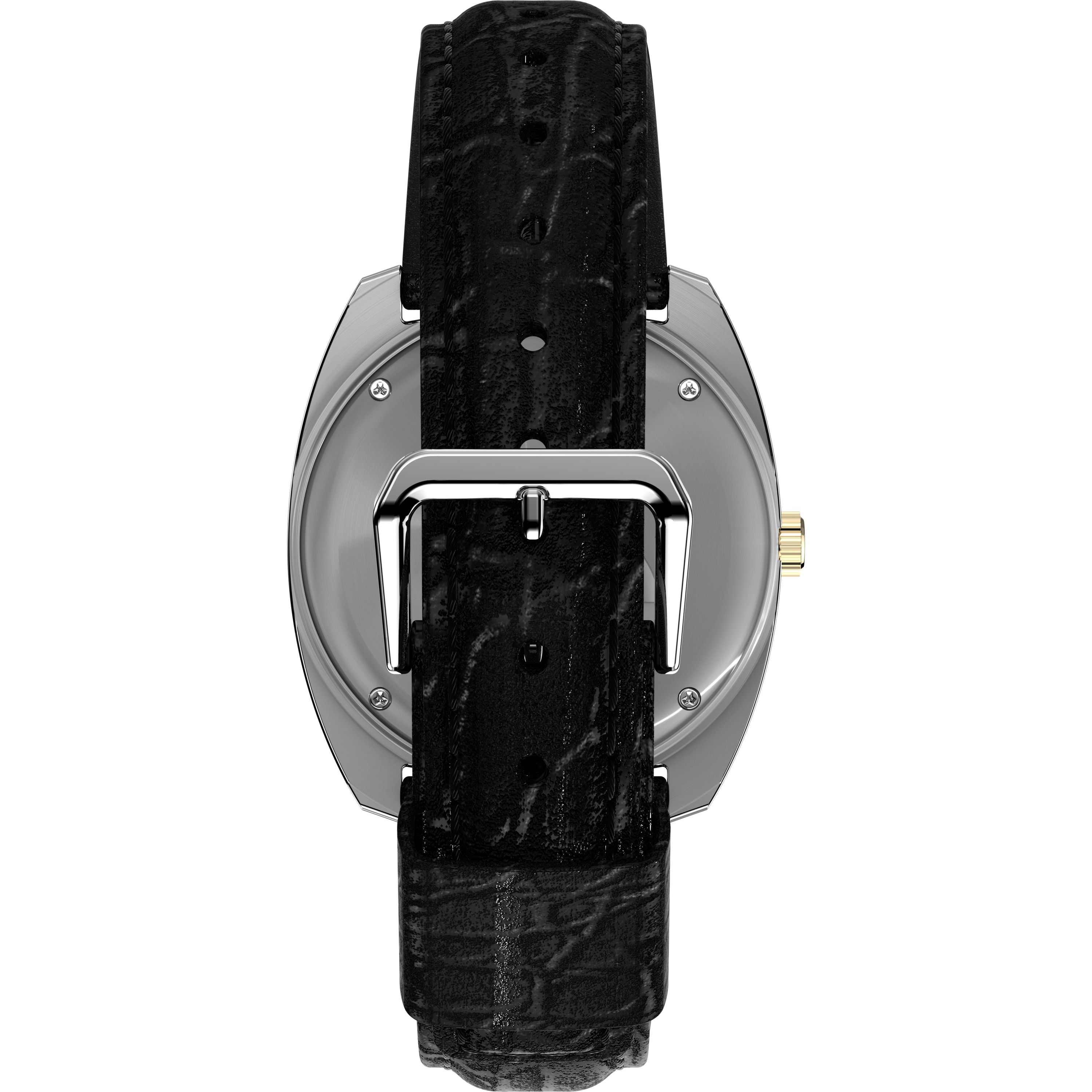 A close-up of the back of the Timex Q 1978 Day/Date watch shows its classic round silver case, gold crown, black textured leather strap with a silver buckle—highlighting its timeless quartz movement while the watch face remains hidden.