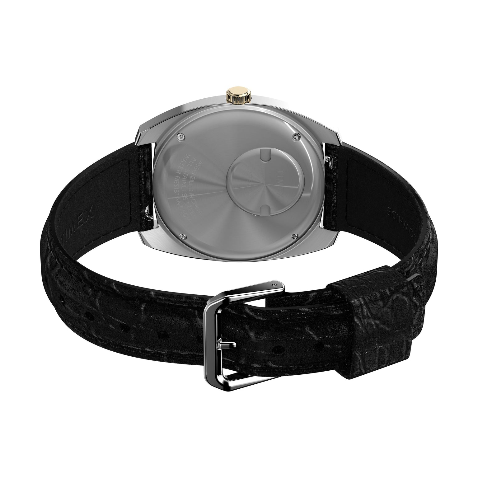 A close-up of the Q 1978 Day/Date by Timex showcases its polished silver case, gold crown, and textured black leather strap with a silver buckle, highlighting the refined details and classic quartz movement.