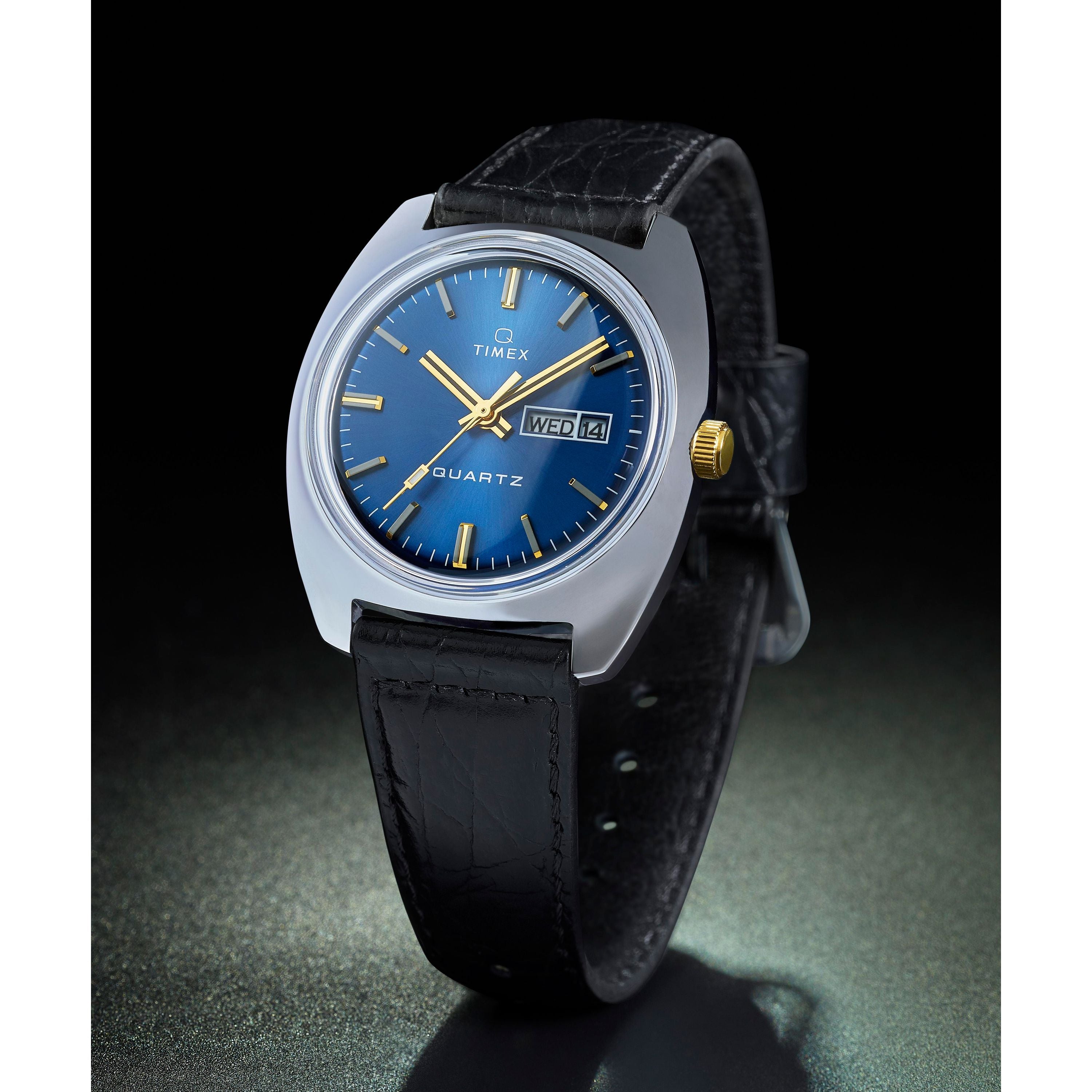 美品Q TIMEX 1978 DAY/DATE Timex Q 1978 Day/Date 37.5mm Steel Leather Blue Dial