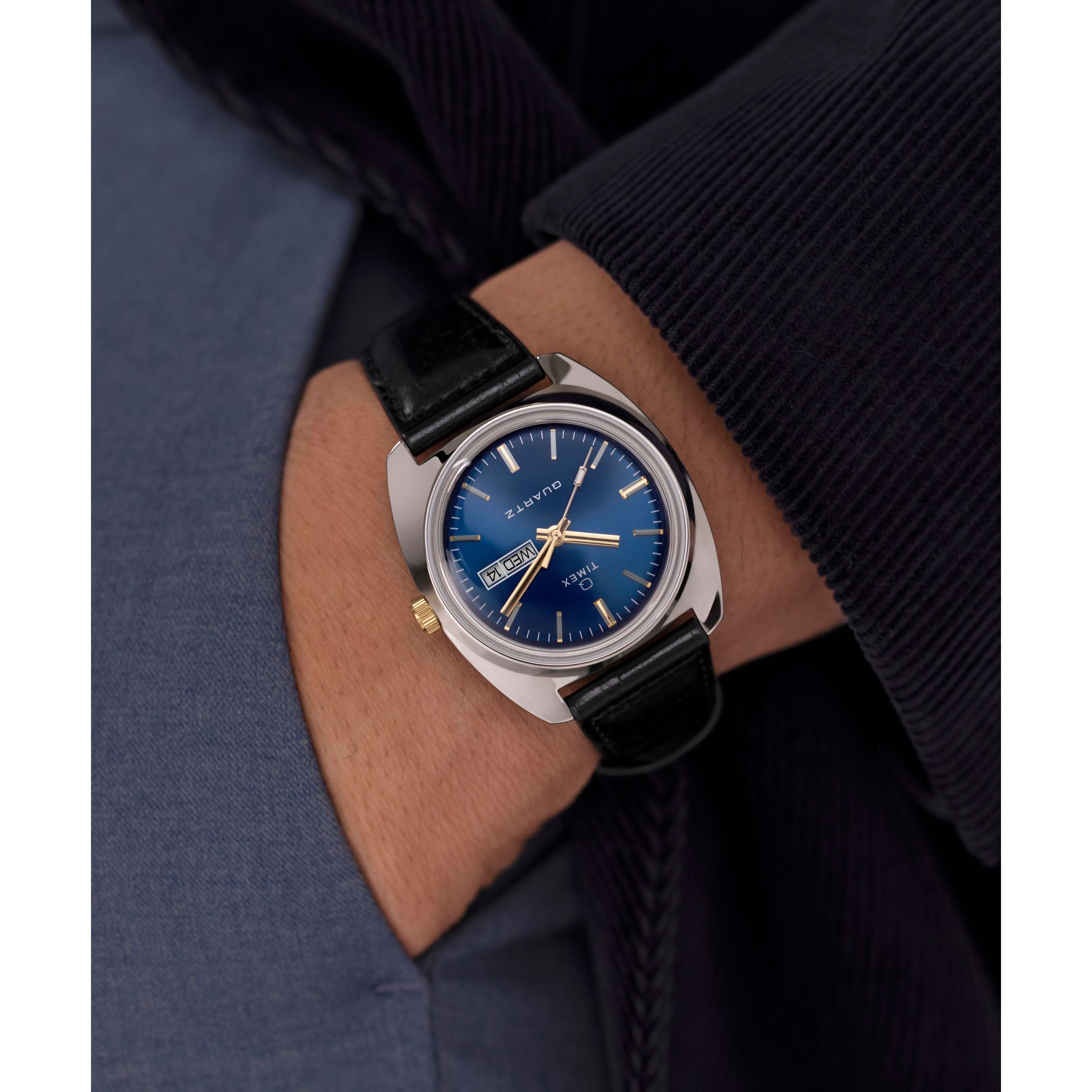 Timex Q 1978 Day/Date 37.5mm Steel Leather Blue Dial