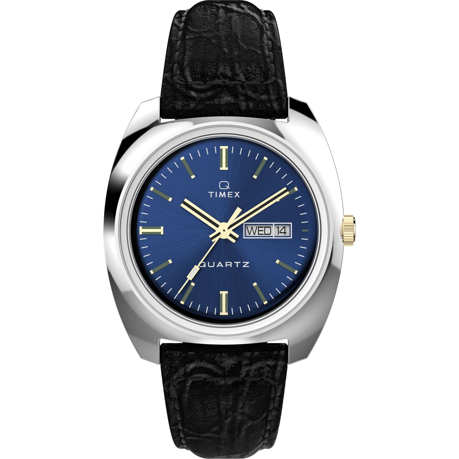 The Timex Q 1978 Day/Date is a retro dress watch with a blue dial, gold-tone hands and markers, black leather strap, silver-tone round case, and quartz movement powering a day-date display on the right.