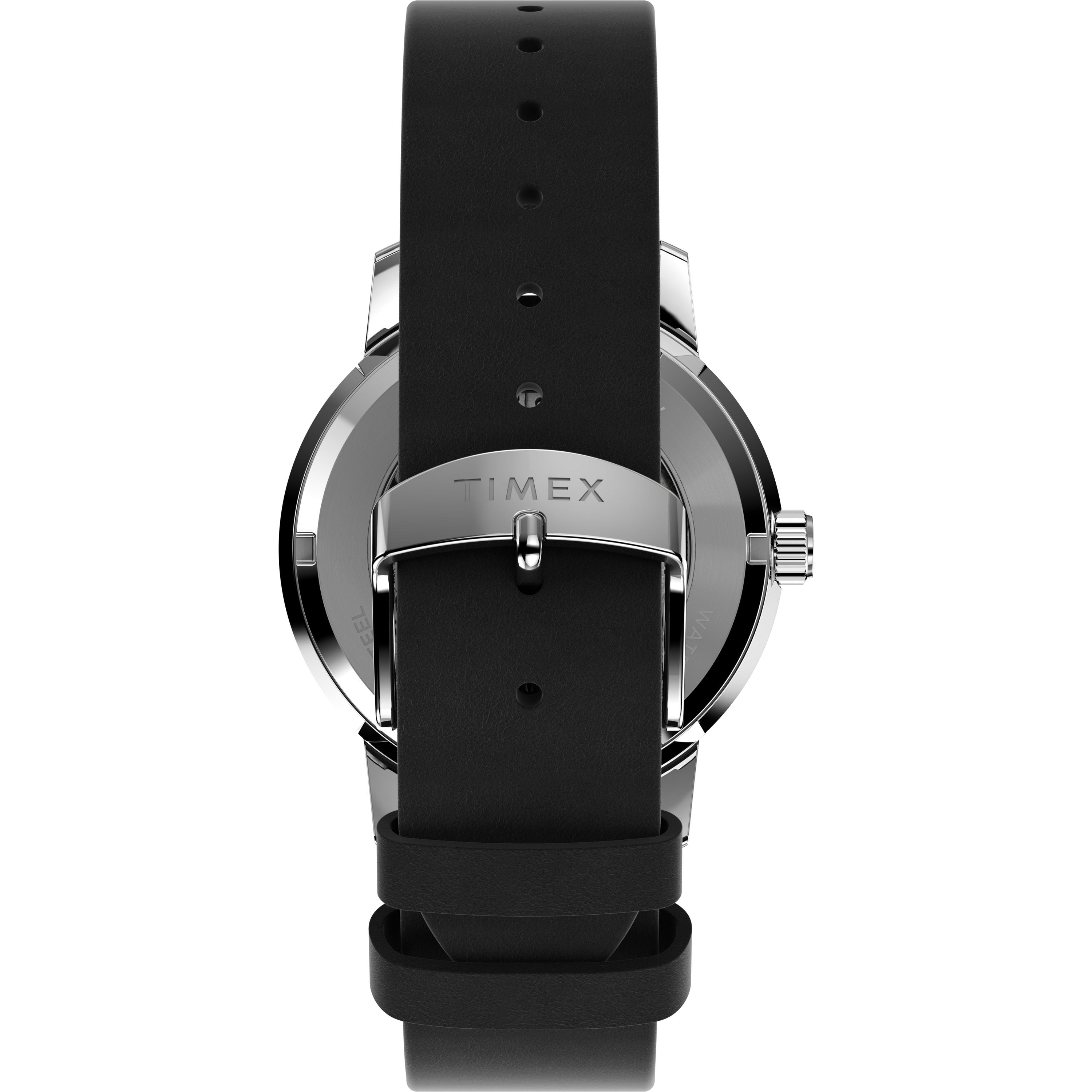 A close-up of the Timex G SS AU PEANUTS SNOOPY FLYN ACE 25 watch shows its black leather strap and silver TIMEX-engraved buckle. The sleek metallic case and strong loop highlight the classic Peanuts-inspired design.