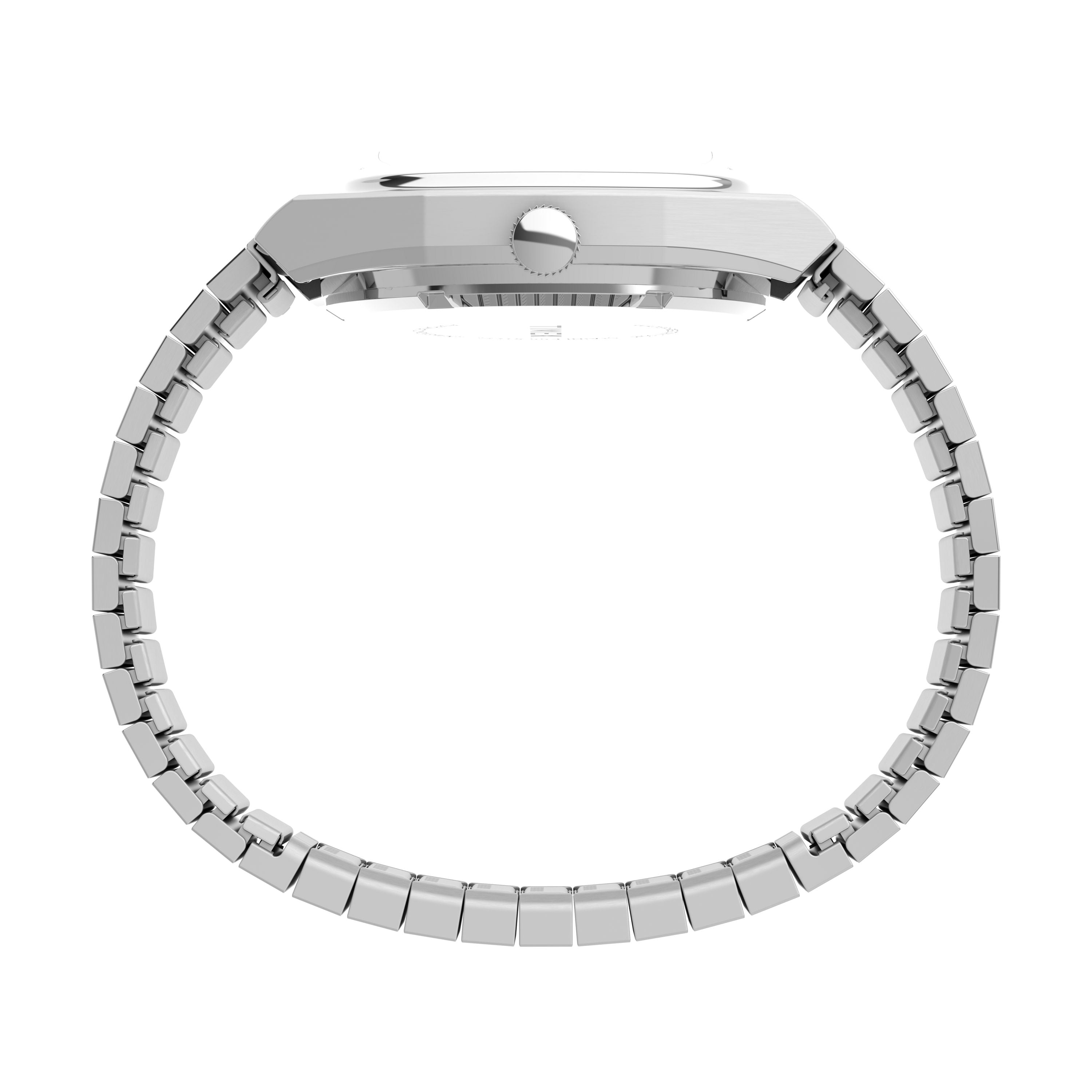 Side view of the Timex Automatic 1983 E Line Reissue, a stainless-steel dress watch with a thin rectangular face and linked bracelet band, featuring precise Japanese automatic movement, shown against a white background.