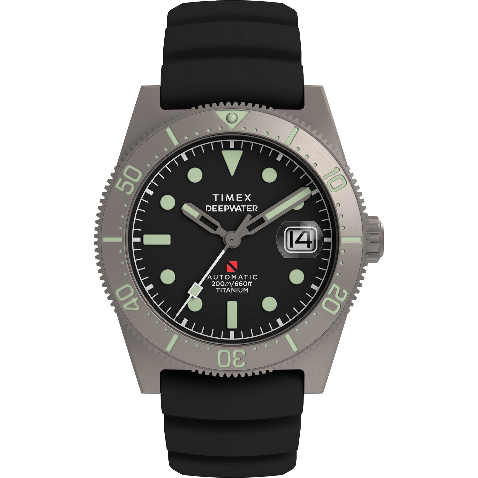 The Timex Deepwater Reef 200 Titanium Automatic features a black dial, luminous markers, date at 3 o’clock, sapphire crystal, titanium case, black rubber strap, and 200m water resistance. "Automatic 200m/660ft Titanium" is above 6 o’clock.