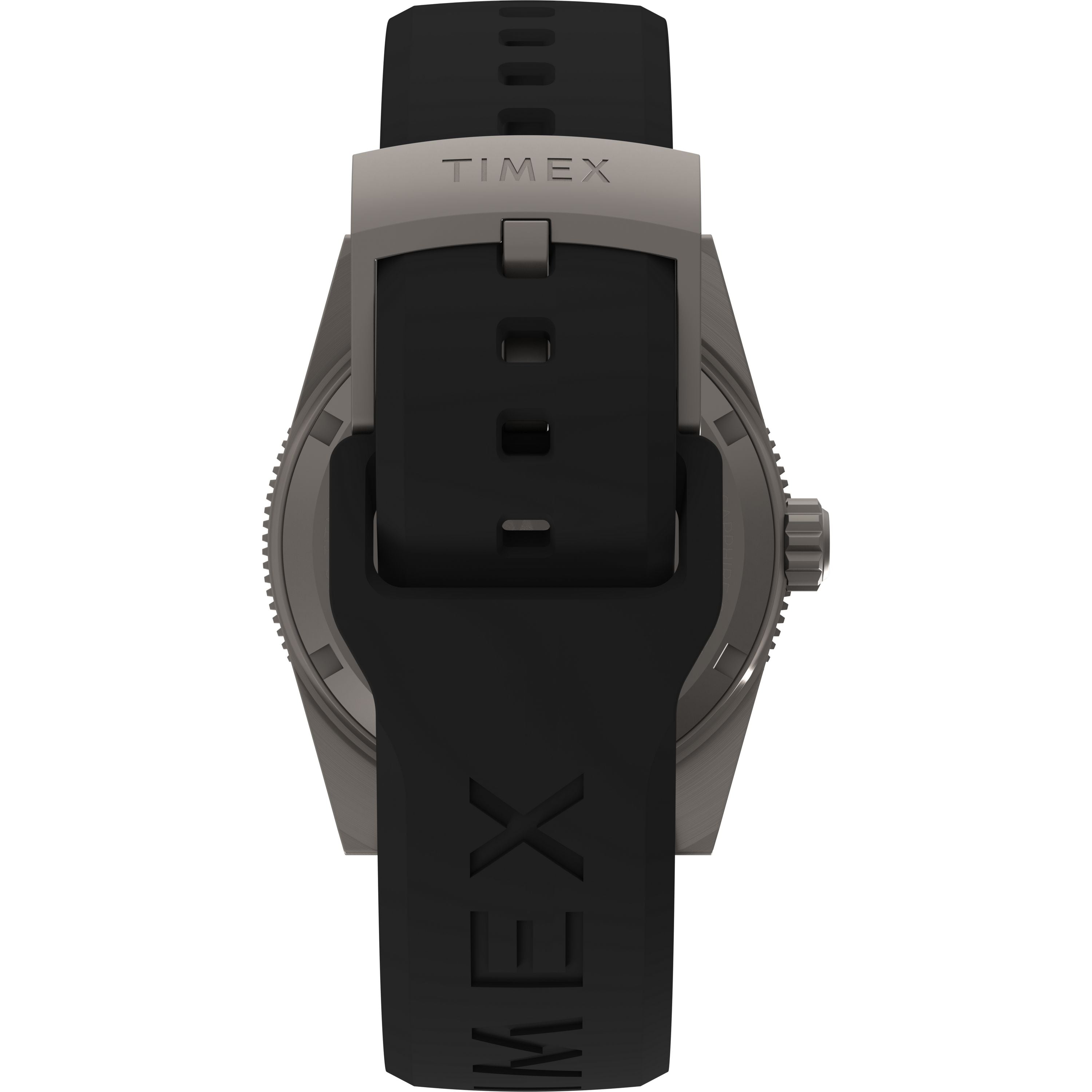 A close-up of the Timex G TI AU SW DEEP WTR REEF 41 BLAK DL 25 shows its titanium case, crown, sapphire crystal, and a black rubber strap with TIMEX embossing and silver buckle.