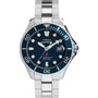 The Timex Deepwater Meridian 200 is a recycled stainless-steel dive watch with a silver case, blue wave-pattern dial, large white markers, date at 3 o’clock, and blue numeral-marked bezel. Water resistant to 200m.