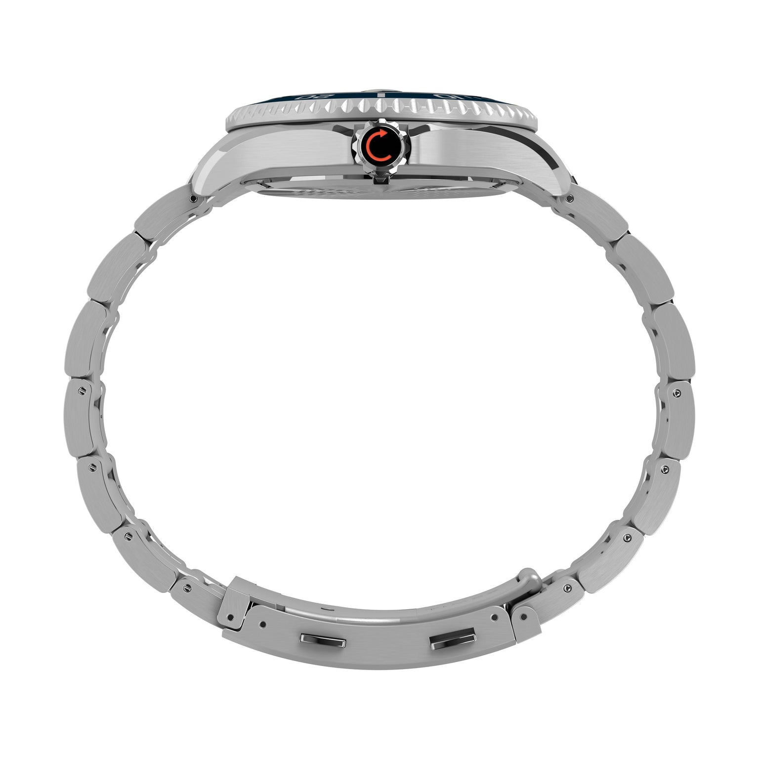 Side view of the Timex G SS QZ BW DEEP WTR MERDIAN 44 BLU DL 25, a silver recycled stainless-steel dive watch with a round face, link band, and black crown accented by an orange ring, photographed against a white background.