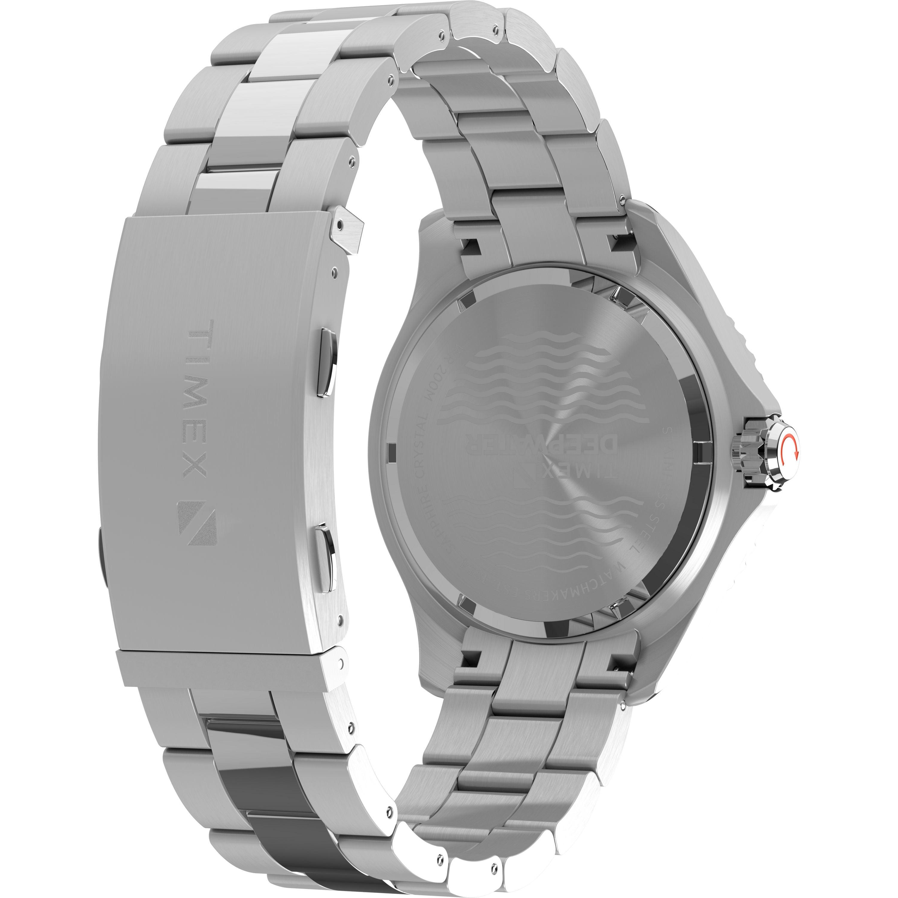 A close-up of the clasp and case back on the Timex G SS QZ BW DEEP WTR MERDIAN 44 BLU DL 25 dive watch, highlighting the engraved brand logo and details on its silver recycled stainless-steel bracelet.