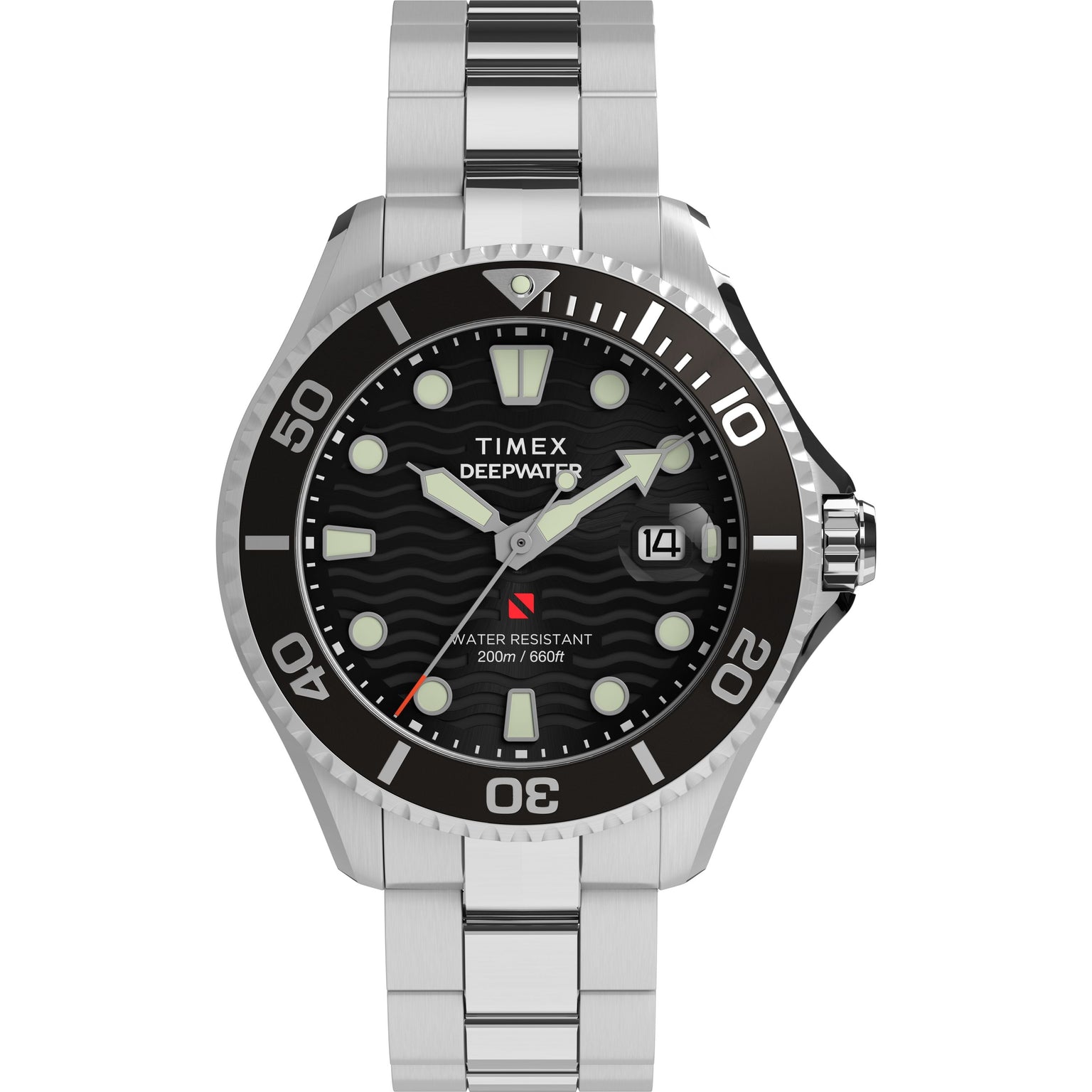 The Timex Deepwater Meridian 200 is a stainless steel dive watch with a black rotating bezel, luminous markers, date window at 3 o’clock, and bold “Water Resistant 200m / 660ft” on the face—ideal for underwater exploration.