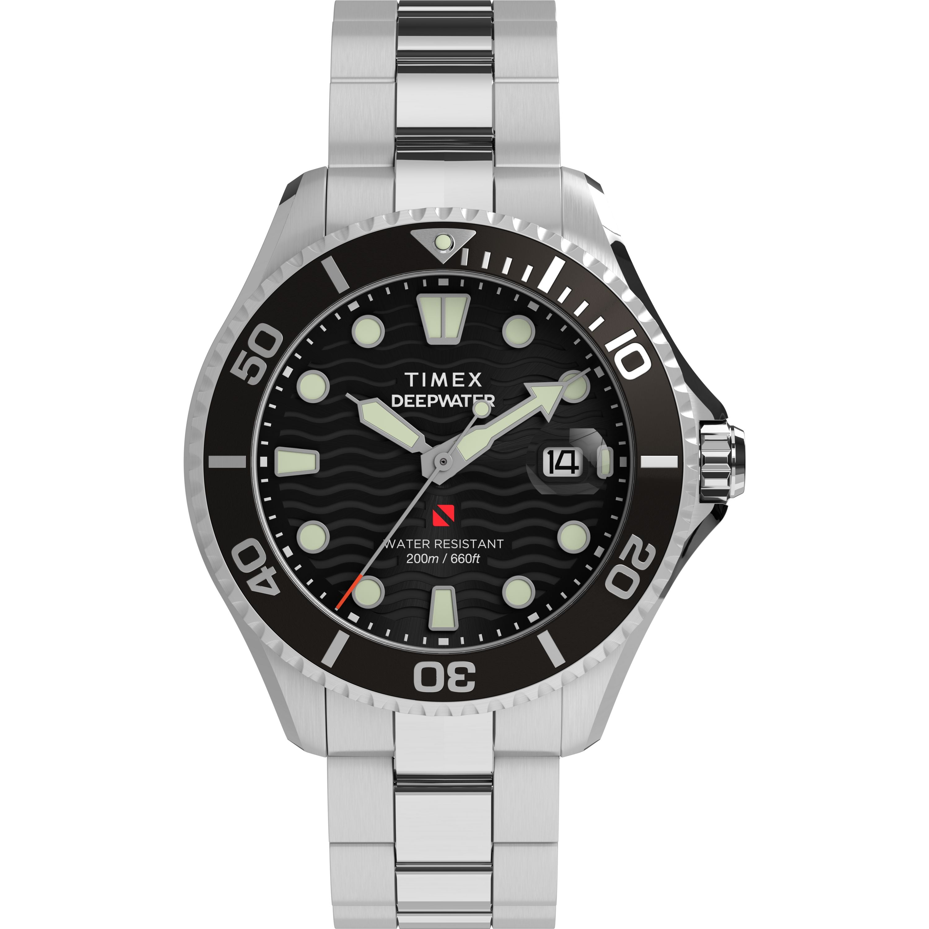 The Timex Deepwater Meridian 200 is a stainless steel dive watch with a black rotating bezel, luminous markers, date window at 3 o’clock, and bold “Water Resistant 200m / 660ft” on the face—ideal for underwater exploration.