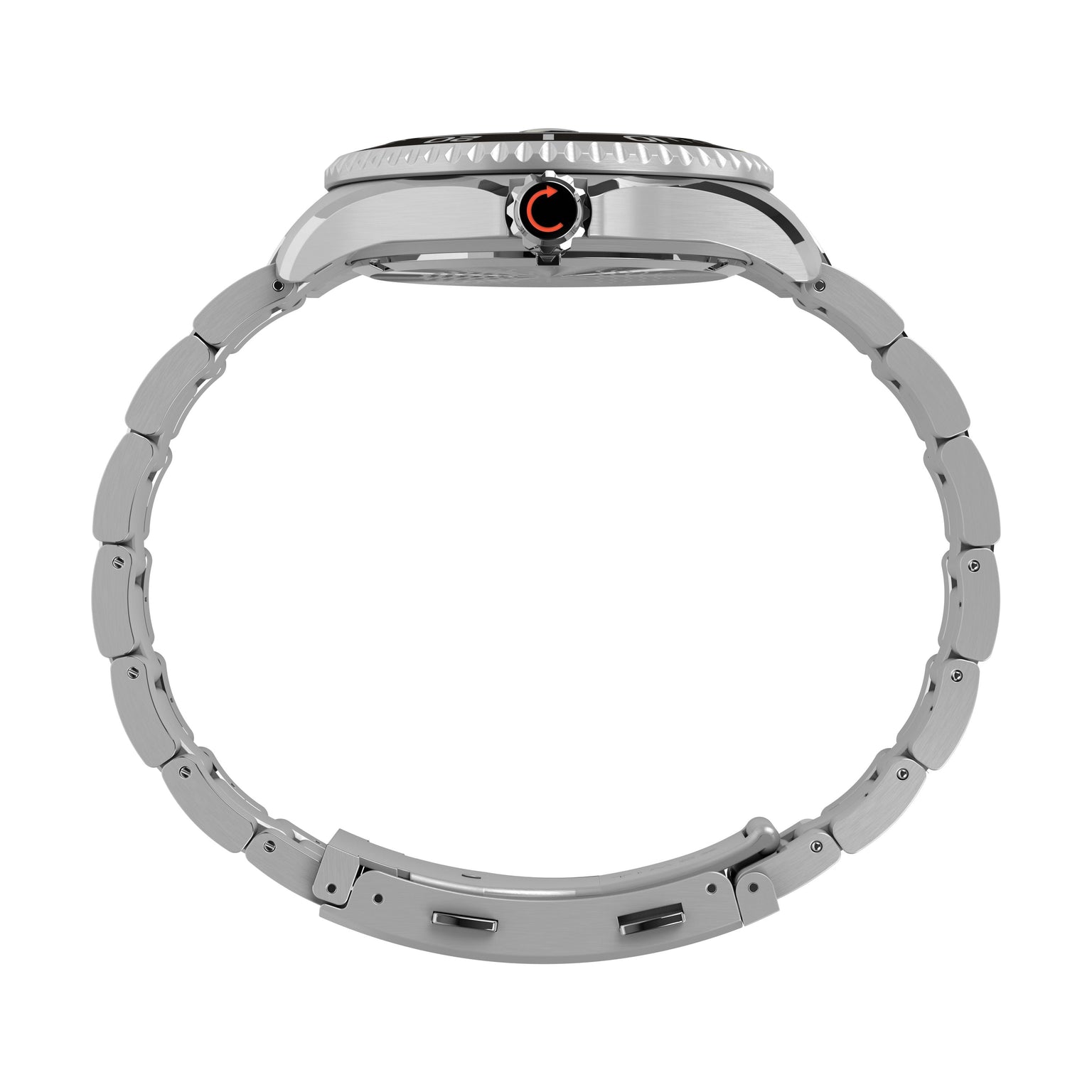 Side view of the Timex Deepwater Meridian 200 stainless steel dive watch featuring a round face, linked bracelet band, crown with red and black circular accent, and 200m water resistance.