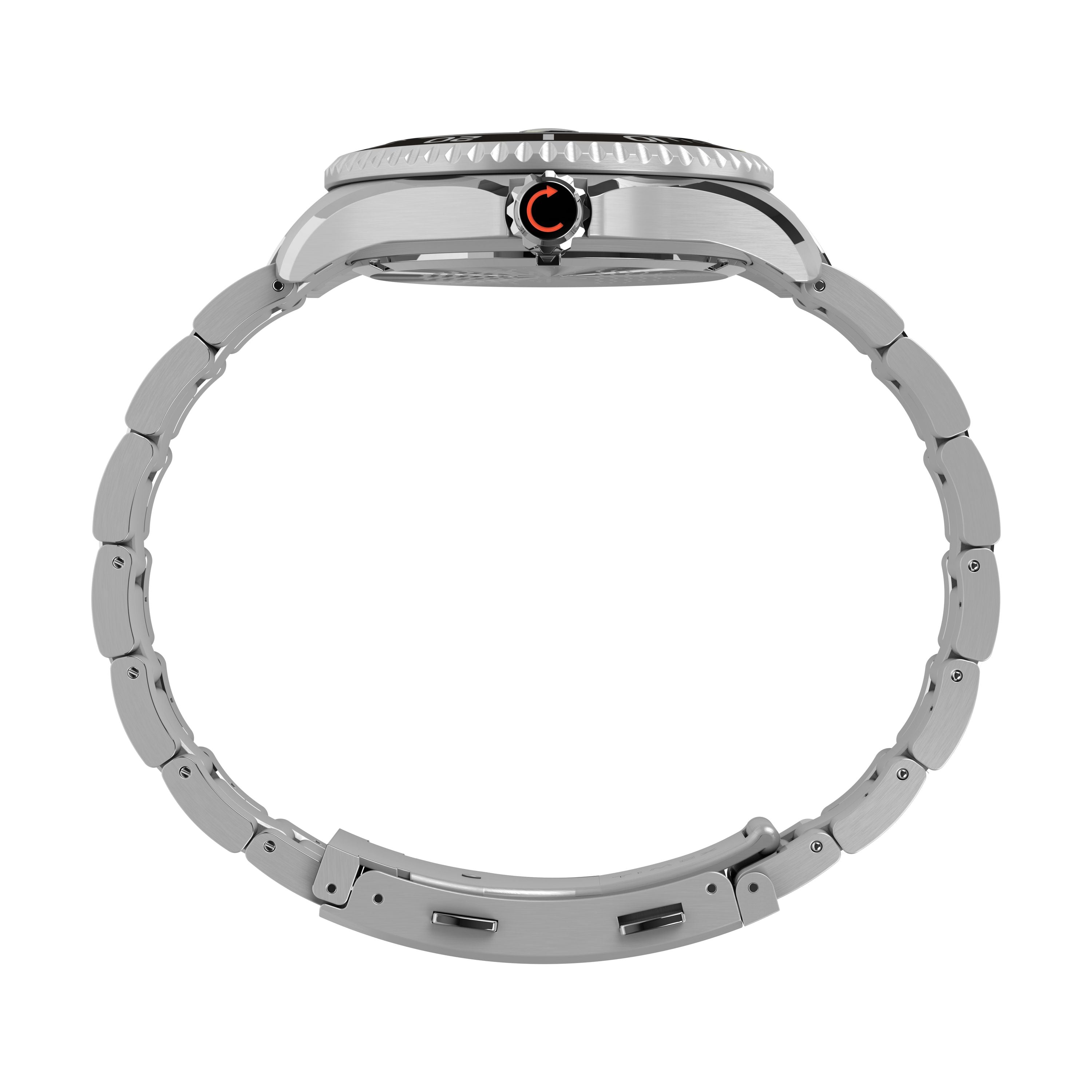 Side view of the Timex Deepwater Meridian 200 stainless steel dive watch featuring a round face, linked bracelet band, crown with red and black circular accent, and 200m water resistance.