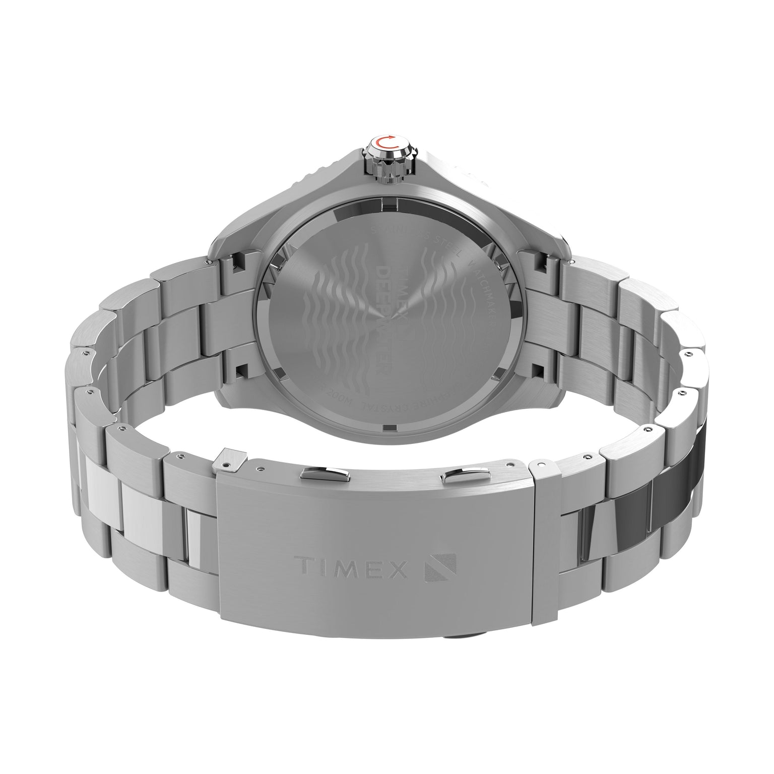 A close-up rear view of the Timex Deepwater Meridian 200 dive watch, displaying the stainless steel clasp with TIMEX engraved on the band and a visible watch case back.