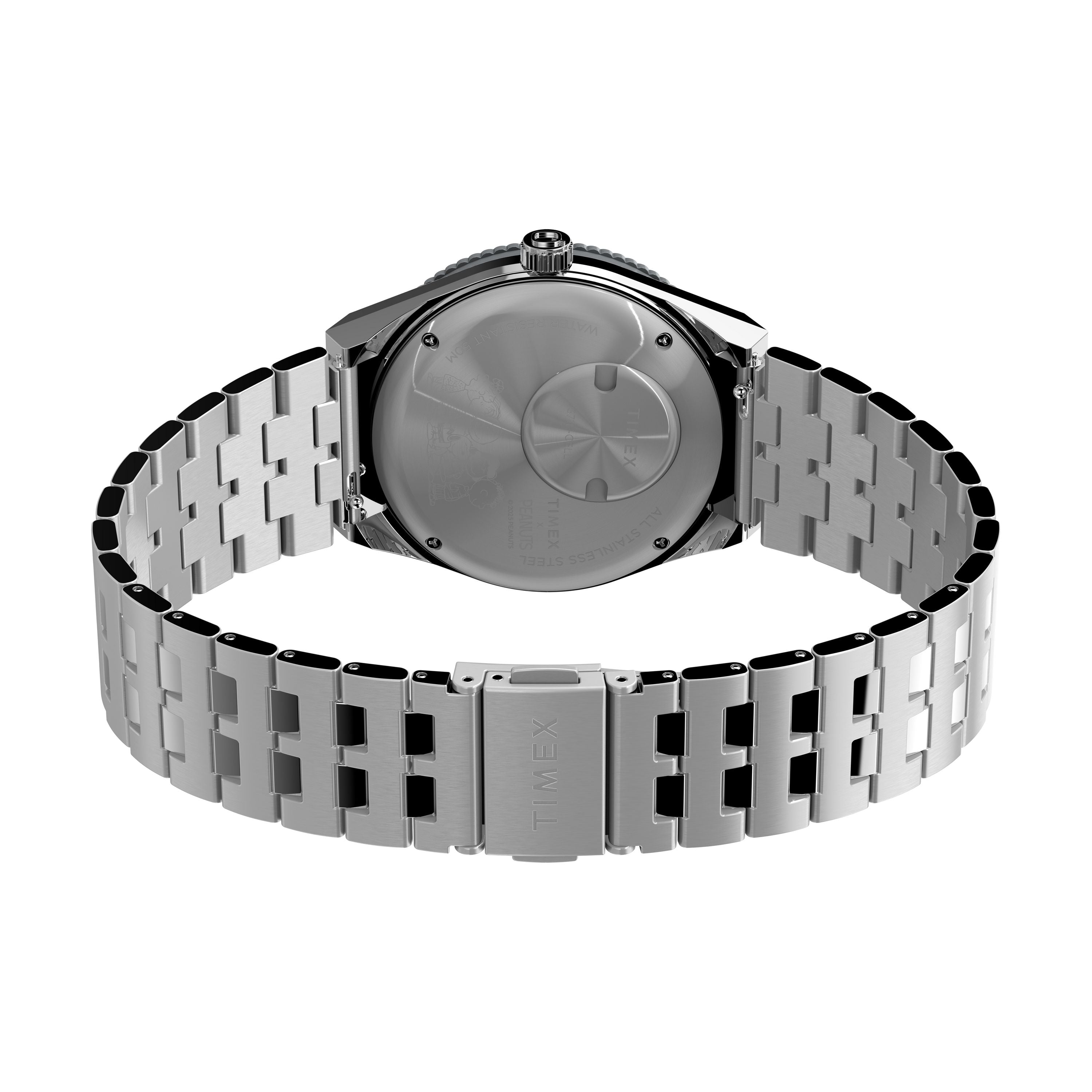 A close-up rear view of the Timex G SS QZ PEANUTS GMT 38 SLVR DL SS BLT 25 wristwatch shows its smooth, round stainless-steel case, metal link bracelet, and a clasp engraved with the Timex brand name.