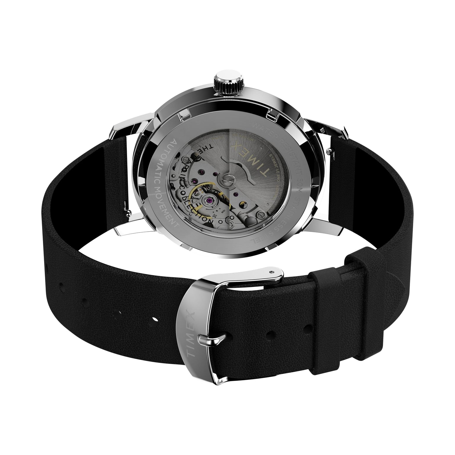 A close-up of the Timex Marlin® Automatic reveals its 21-jewel Japanese automatic movement, black eco-friendly leather strap with a silver Timex-engraved buckle, and a stainless steel case with visible gears through the transparent back.