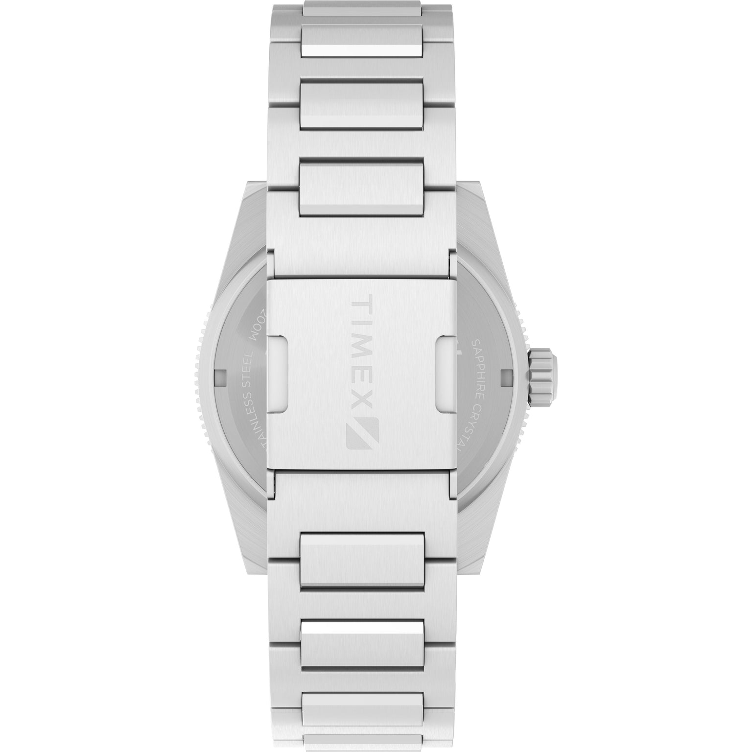 A close-up of the stainless steel Timex Deepwater Reef 200 dive watch’s case back shows its engraved branding, metal link bracelet, and 200m water resistance.