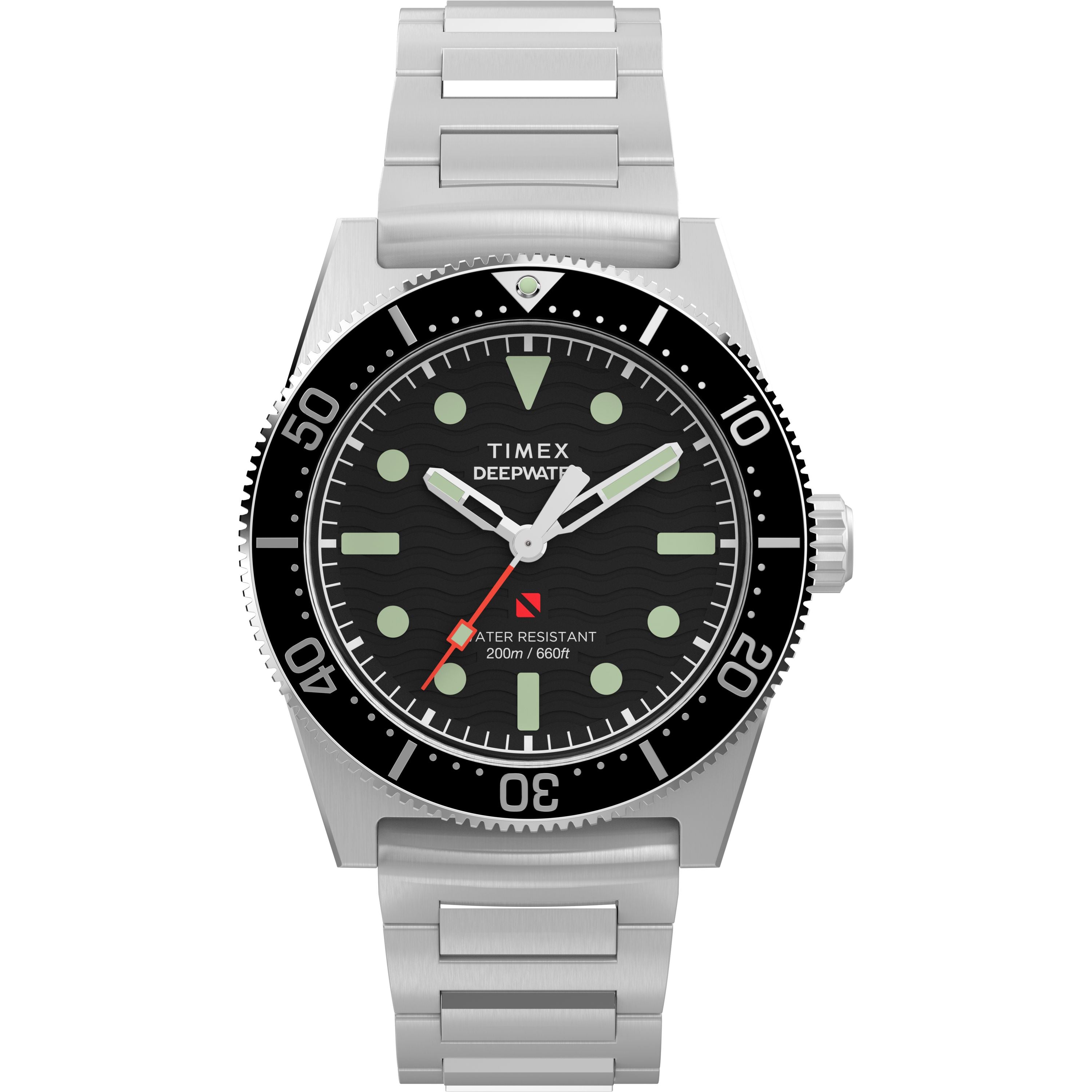 The Timex Deepwater Reef 200 dive watch features a stainless-steel case, silver metal band, black rotating bezel and dial, white hour markers, bold hands, and a red-tipped seconds hand. Water resistant to 200 meters.