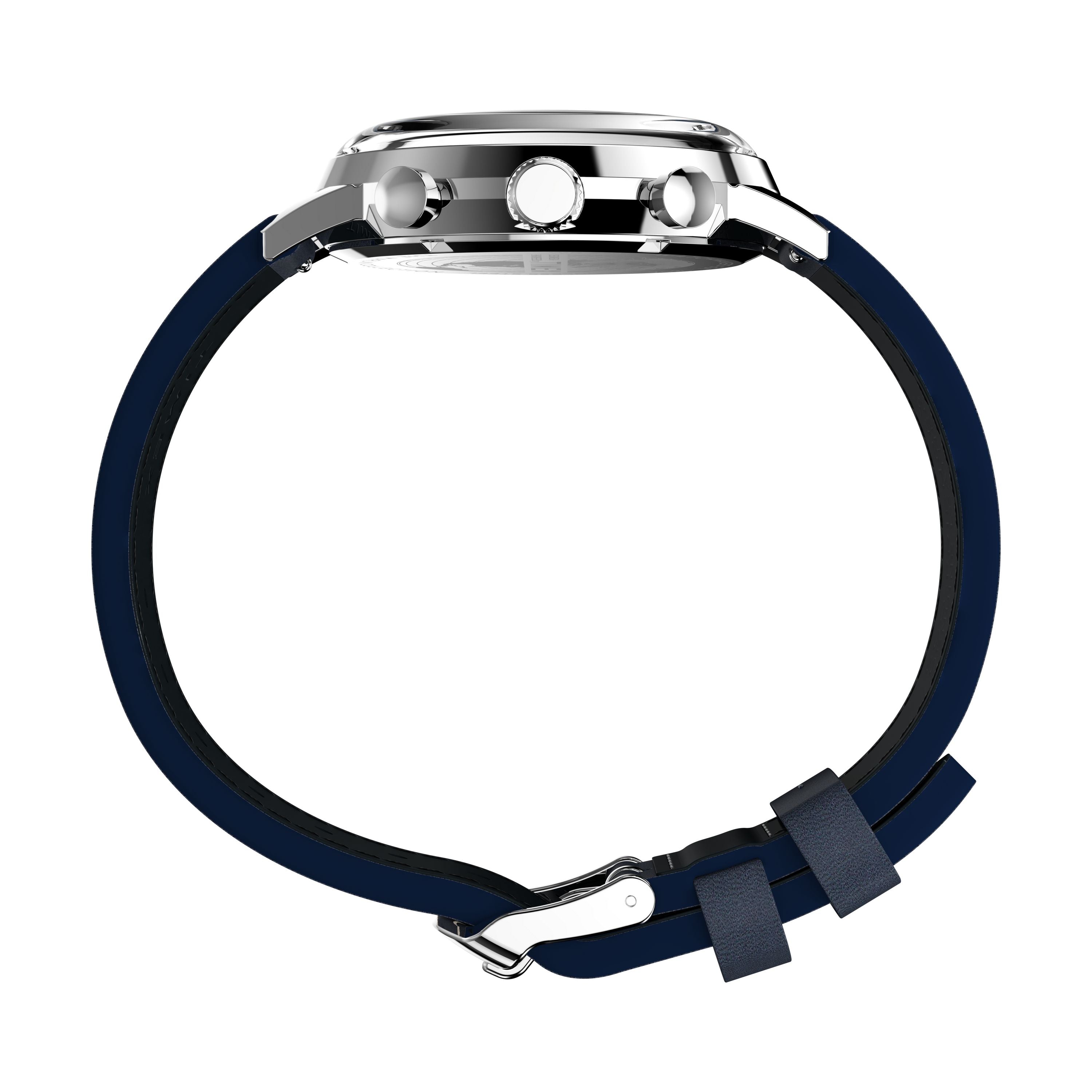 Side view of the Timex Marlin® Chronograph Tachymeter with a round silver case, three buttons, and a dark blue strap featuring a metal buckle and two loops.