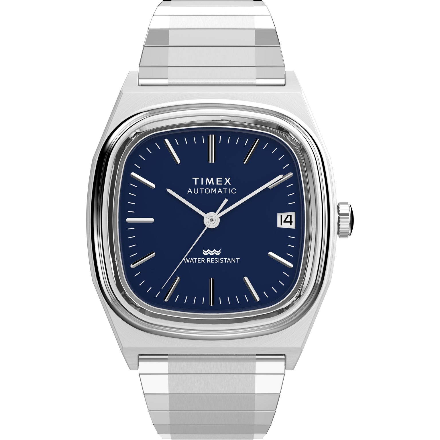 A Timex Automatic 1983 E Line wristwatch featuring a stainless-steel expansion band, square blue dial with silver hour markers, and a date window at 3 o’clock. The dial displays TIMEX AUTOMATIC and WATER RESISTANT.