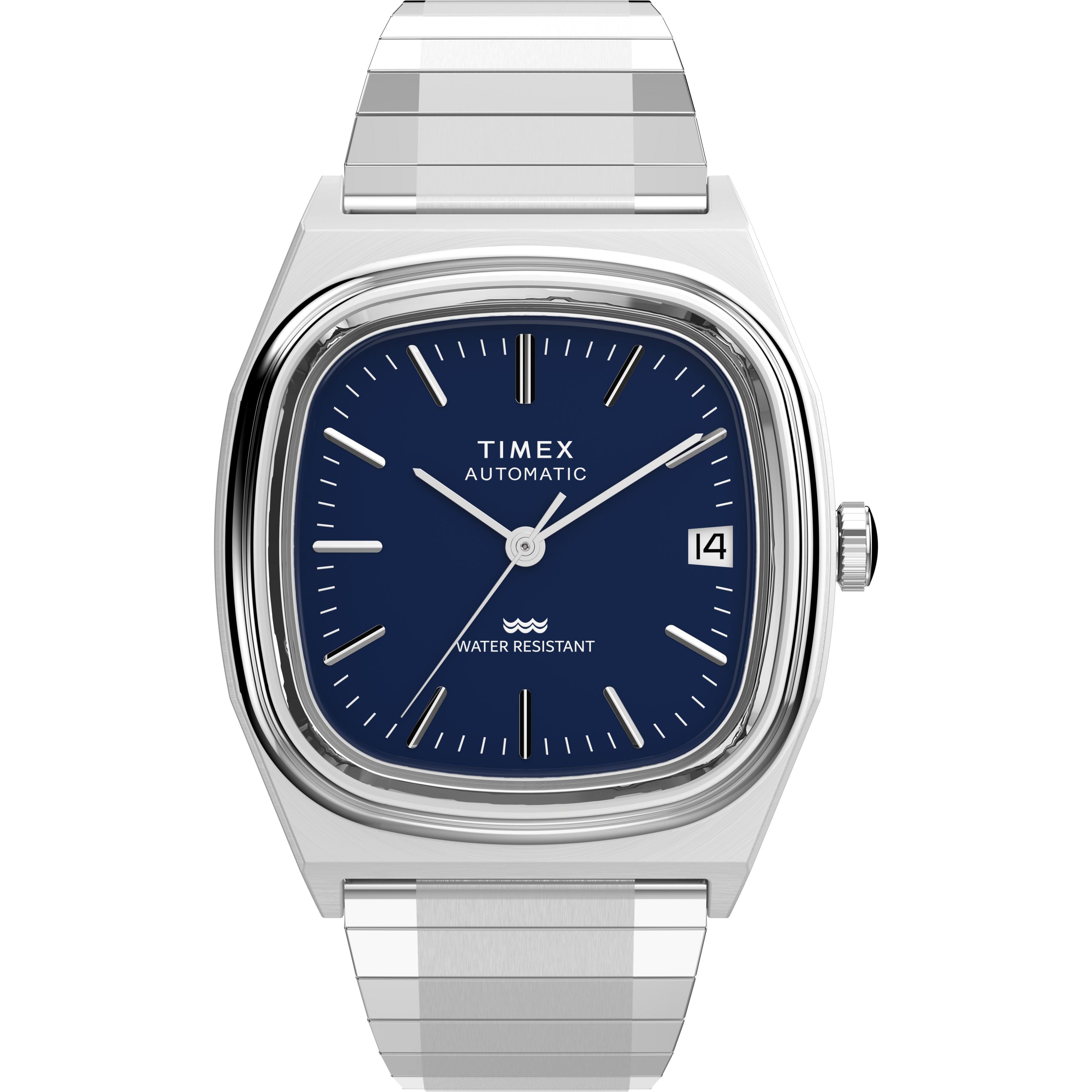 A Timex Automatic 1983 E Line wristwatch featuring a stainless-steel expansion band, square blue dial with silver hour markers, and a date window at 3 o’clock. The dial displays TIMEX AUTOMATIC and WATER RESISTANT.