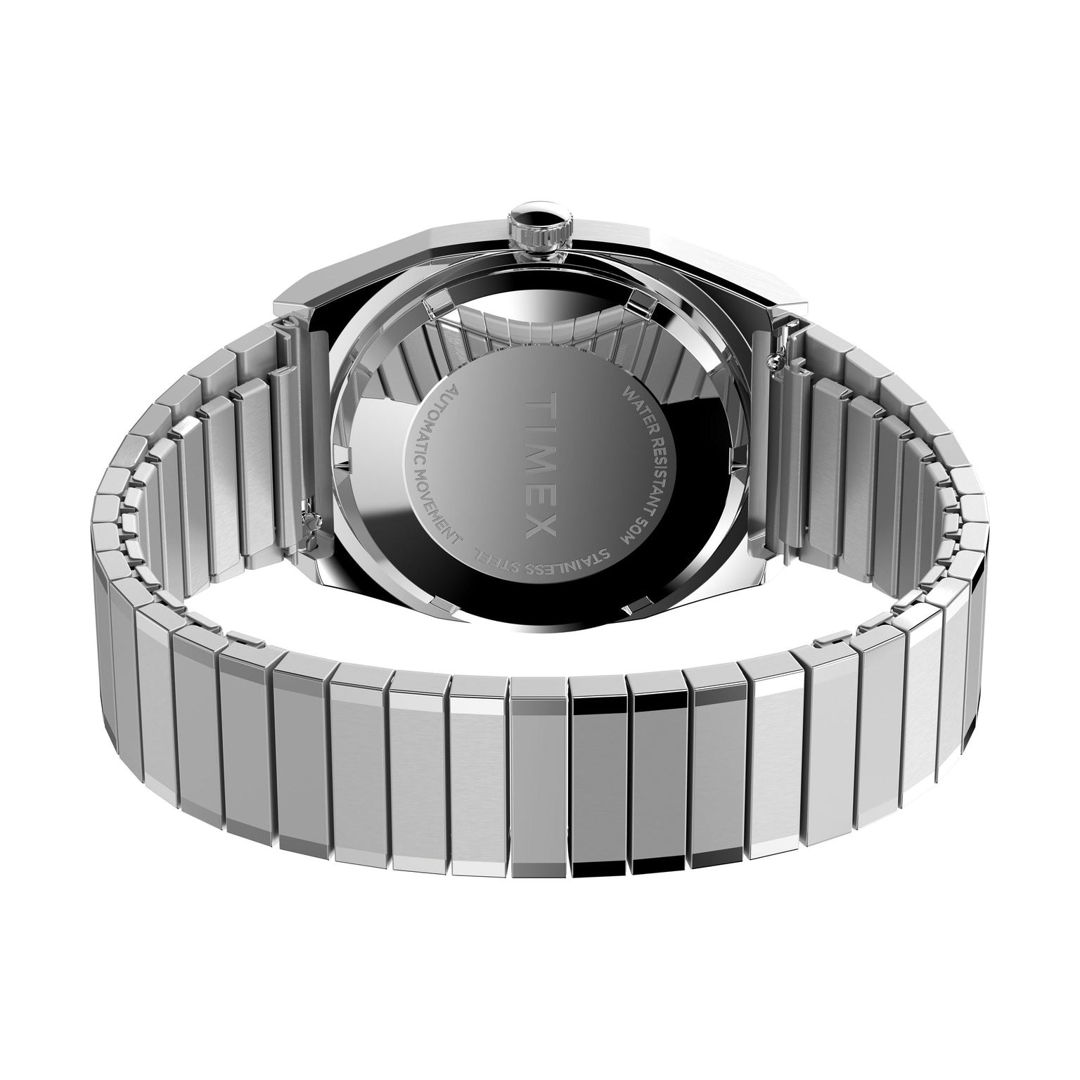 A close-up of the back of a silver Timex Automatic 1983 E Line dress watch with a stainless-steel expansion band and reflective caseback, highlighting its engraved text details.