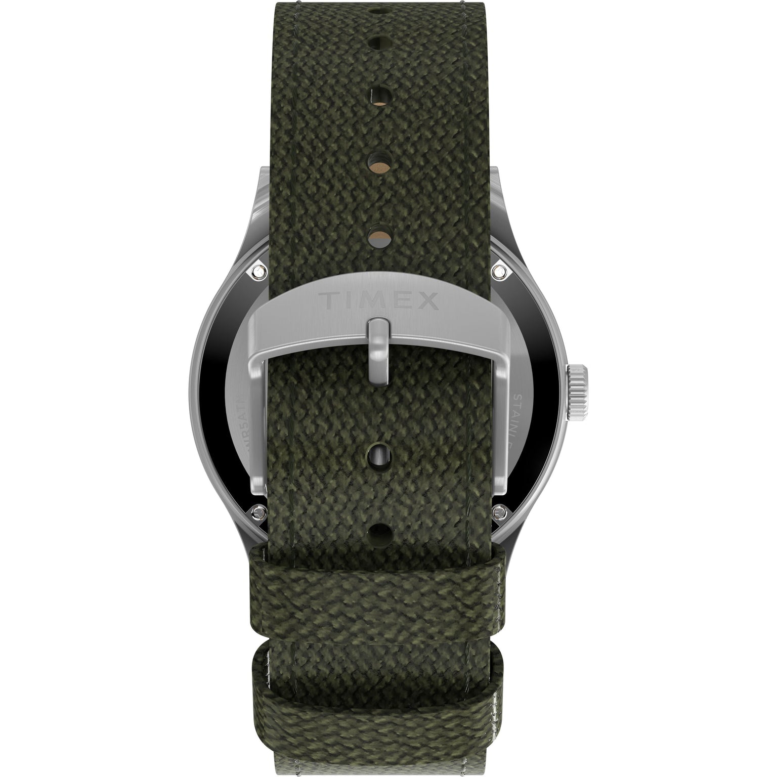 A close-up of the Timex G SS AU SW MK1 40 BLK DL GRN STP 25 shows its textured dark green strap and silver buckle engraved with Timex, with a stainless steel case partially visible for a rugged, military-inspired look.