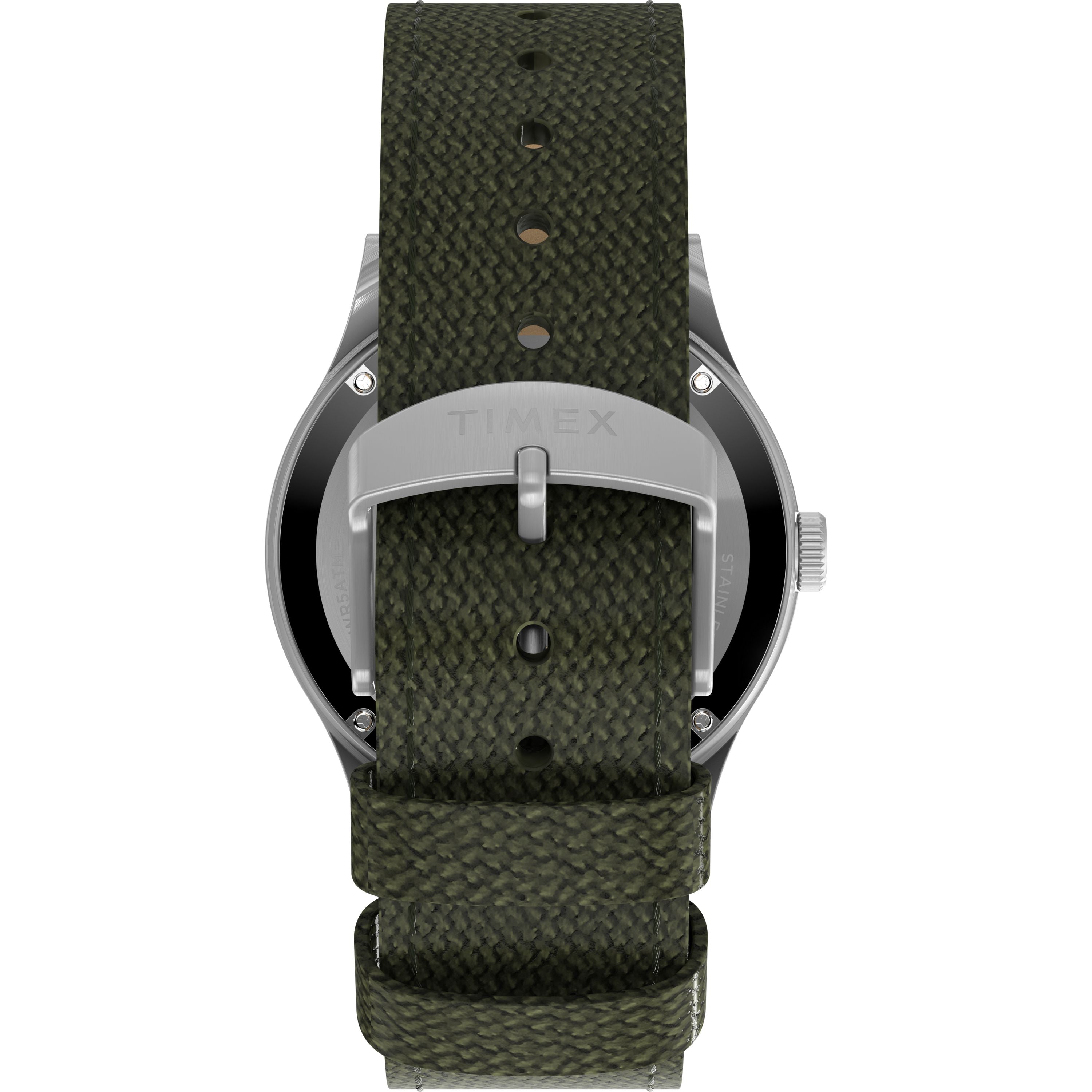 A close-up of the Timex G SS AU SW MK1 40 BLK DL GRN STP 25 shows its textured dark green strap and silver buckle engraved with Timex, with a stainless steel case partially visible for a rugged, military-inspired look.