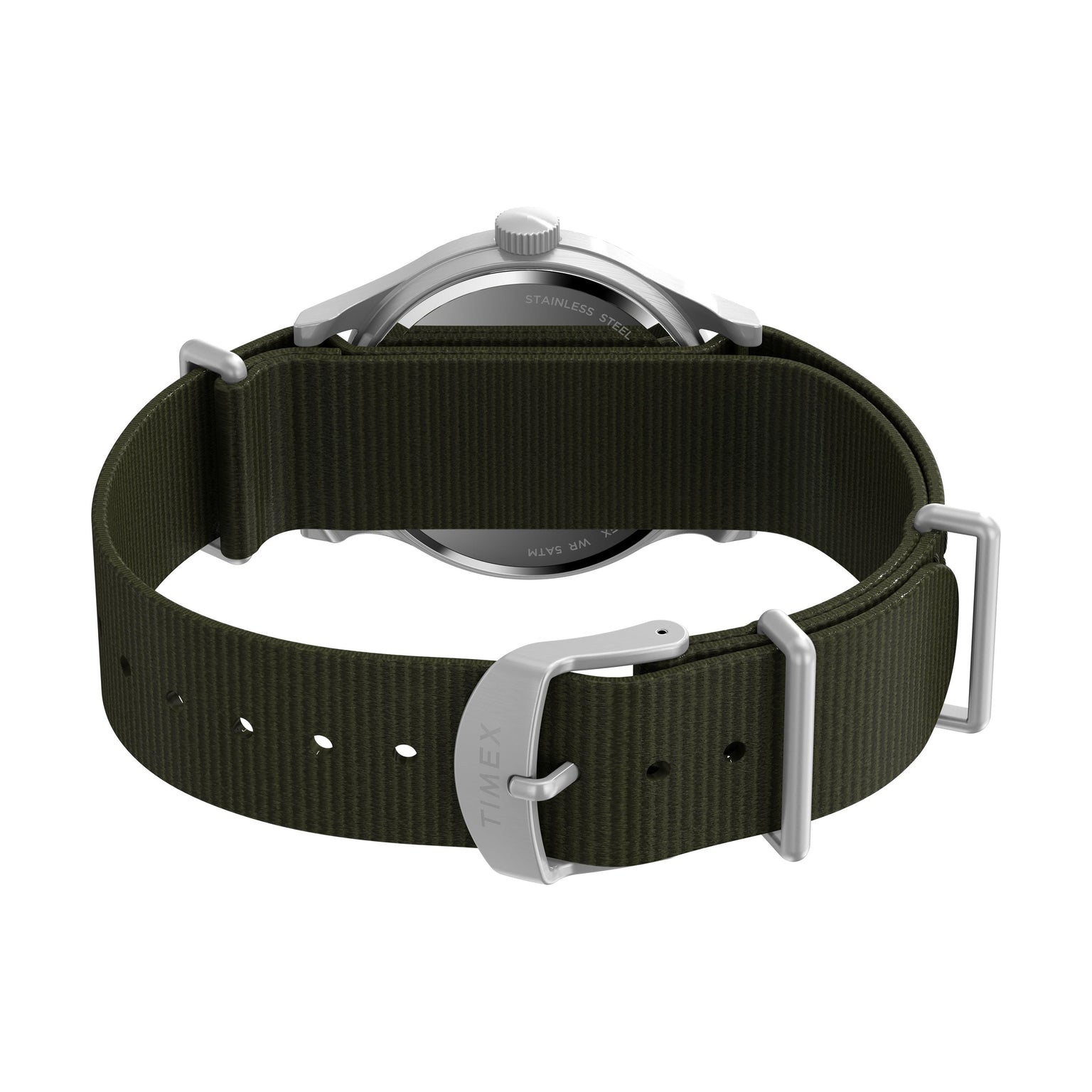 A close-up of the G SS MW SW MK1 36 BLK DL GRN STP 25 shows its military style with an olive green recycled fabric strap, a silver case, and a buckle engraved with the Timex brand.