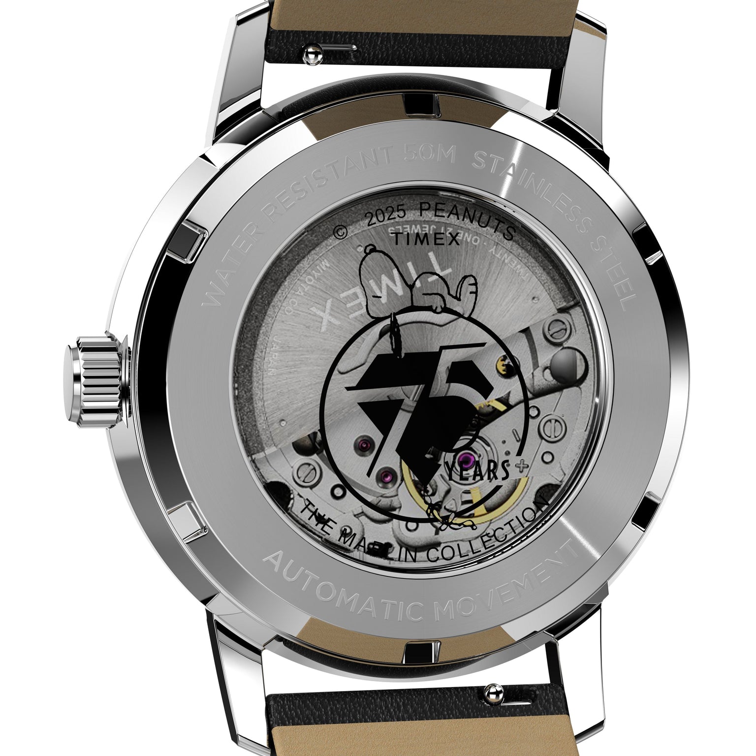 Close-up of the Timex x Peanuts® Marlin® Automatic 75th Anniversary Edition watch back, showing a transparent case with movement, Snoopy illustration, “75 Years,” and markings: 2025 Peanuts, Stainless Steel, Automatic Movement, Water Resistant.