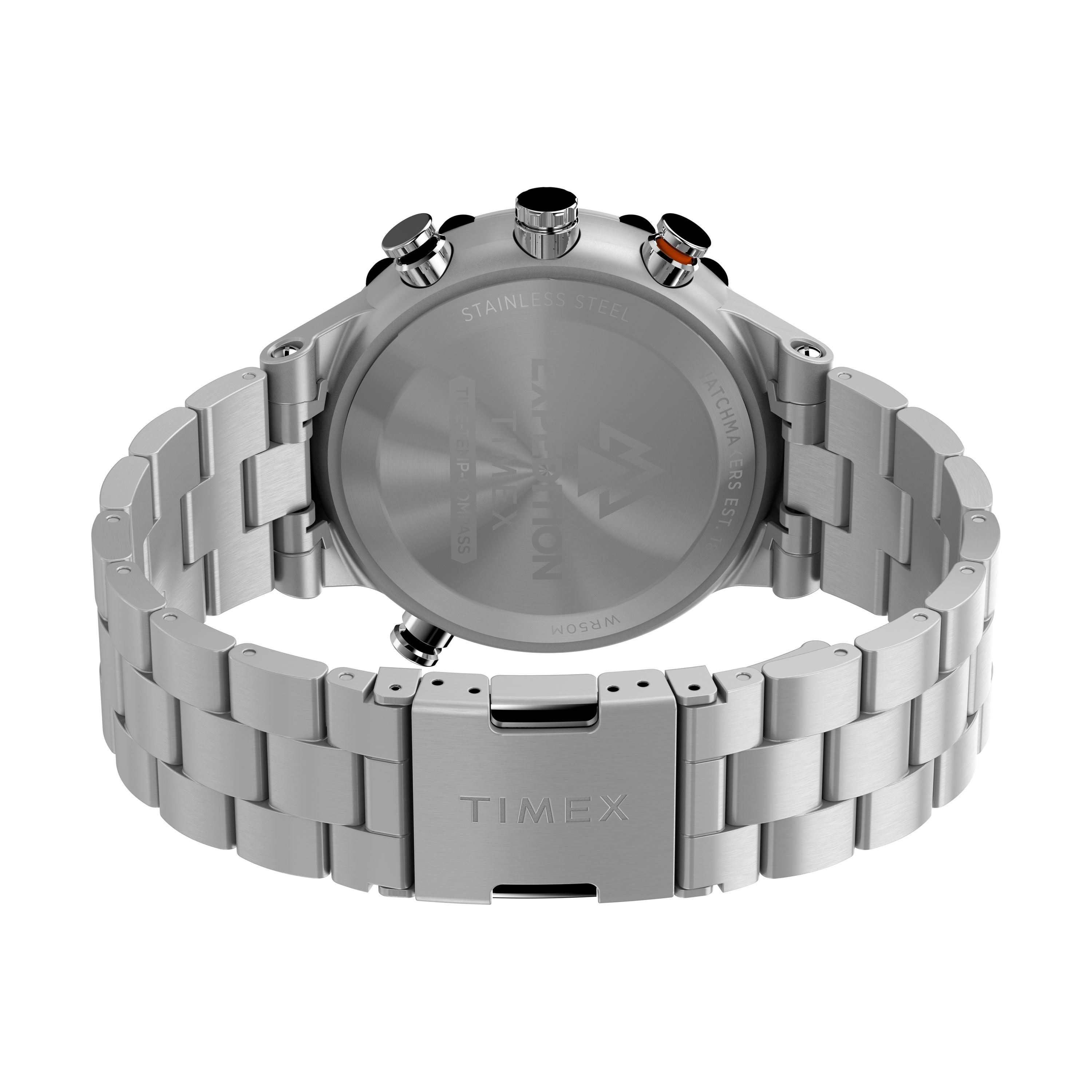 The Timex Expedition Tide-Temp-Compass is a stainless-steel watch with a sleek silver band.