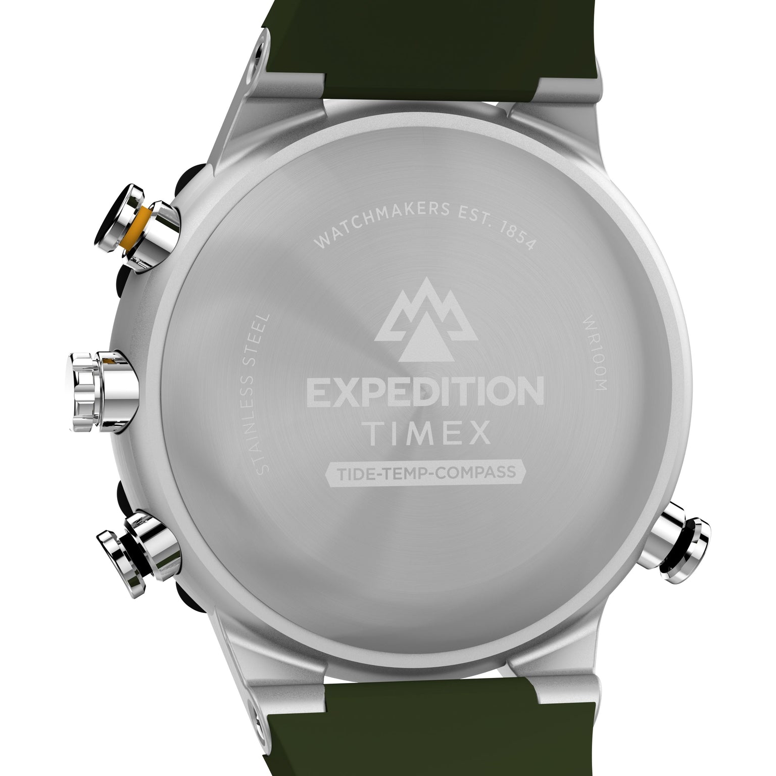 The back of the Timex Expedition® Tide-Temp-Compass watch is engraved with Expedition Timex, Tide-Temp-Compass, and Watchmakers Est. 1854. It features a green band and multiple chrome buttons.