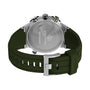 The image shows the back of a Timex Expedition® Tide-Temp-Compass watch with a stainless steel case and a dark green rubber strap featuring a silver buckle.