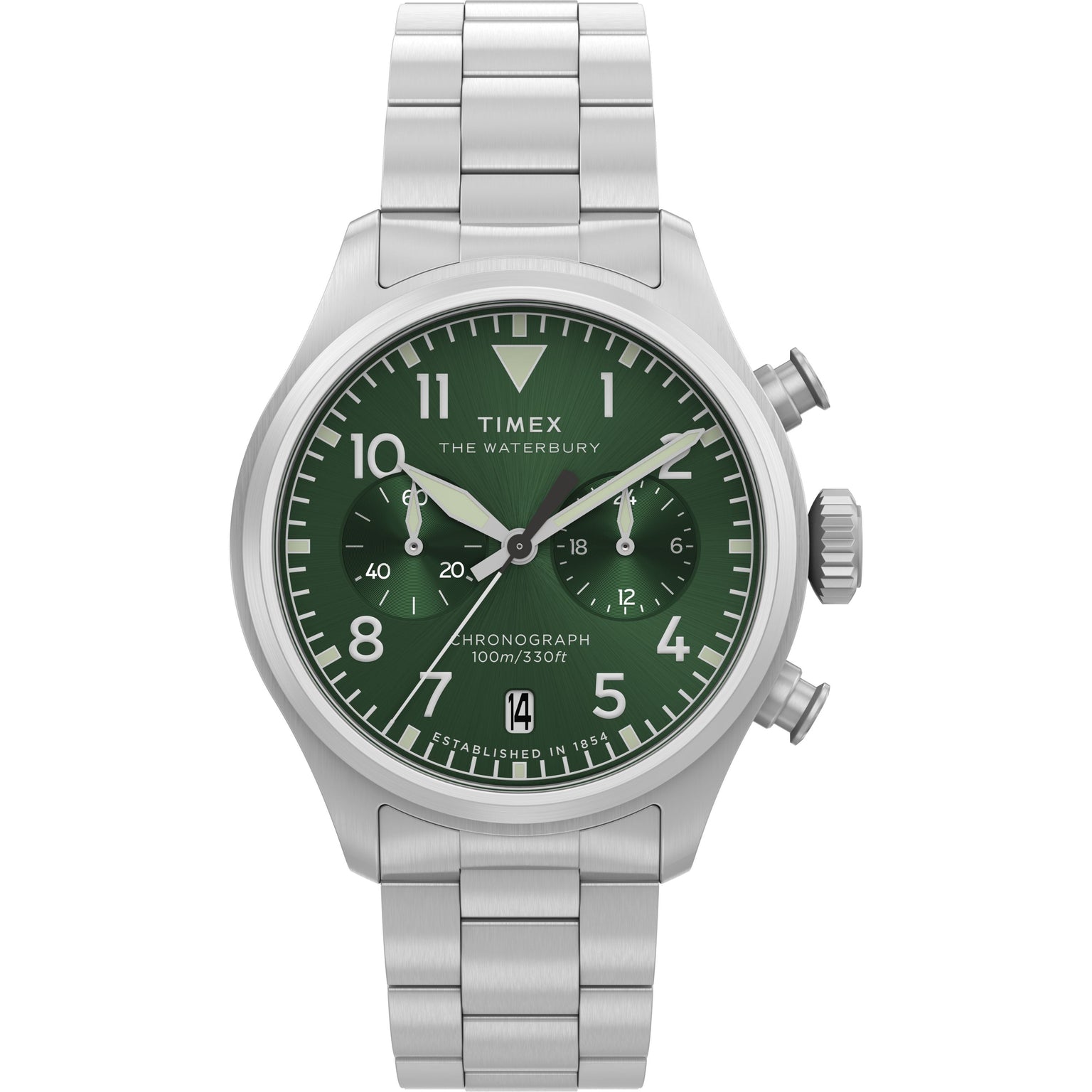 The Timex G SS QZ WATRBUY TRAD ACE CH 41 GRN DL 25 is a stainless steel chronograph watch with a green dial, three subdials, white numerals, silver hands, date window at 6 o’clock, and a metal link bracelet.