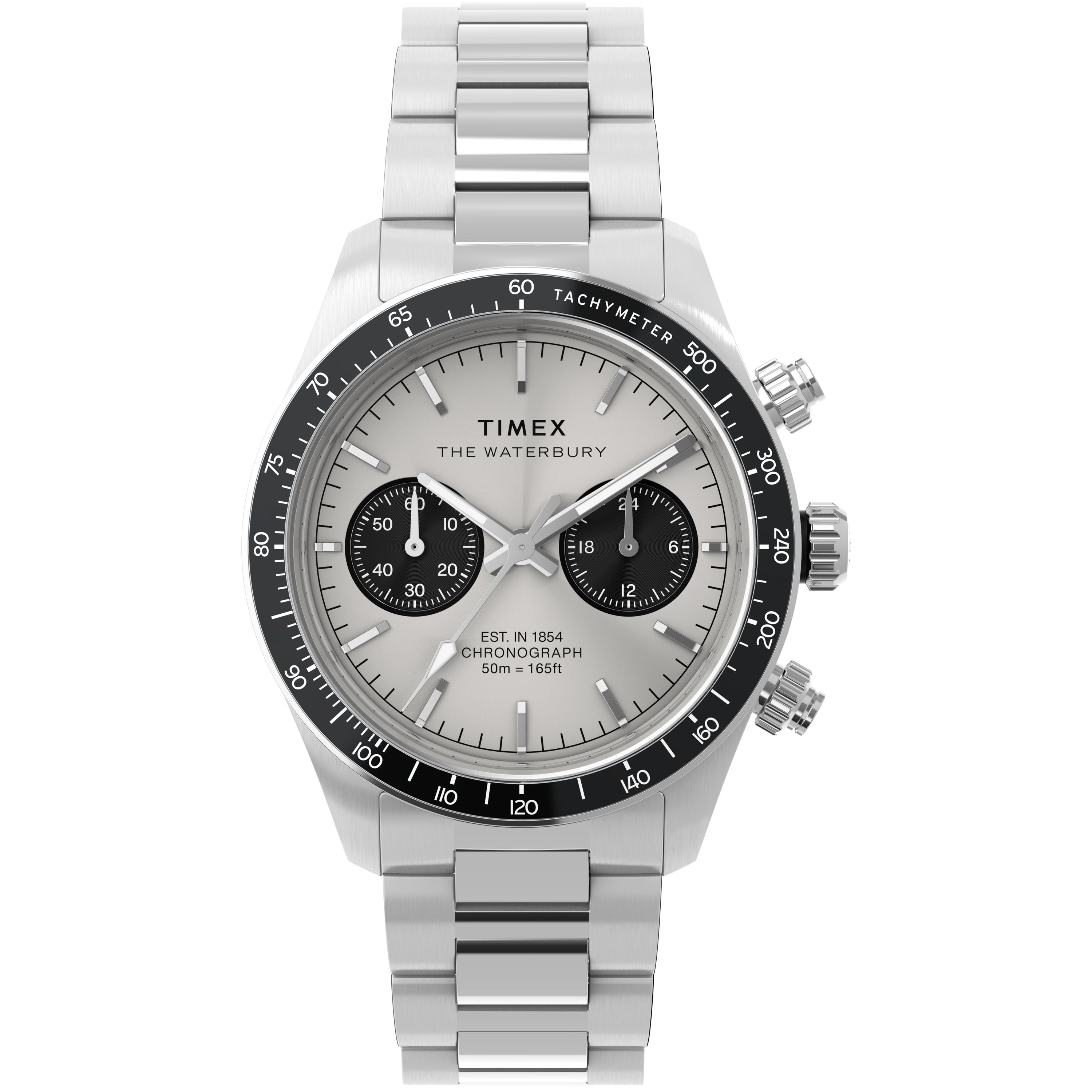 The Timex Waterbury Heritage Chronograph features a silver stainless-steel bracelet, white dial with black subdials, black tachymeter bezel, three pushers, and displays the date along with hours, minutes, and seconds.