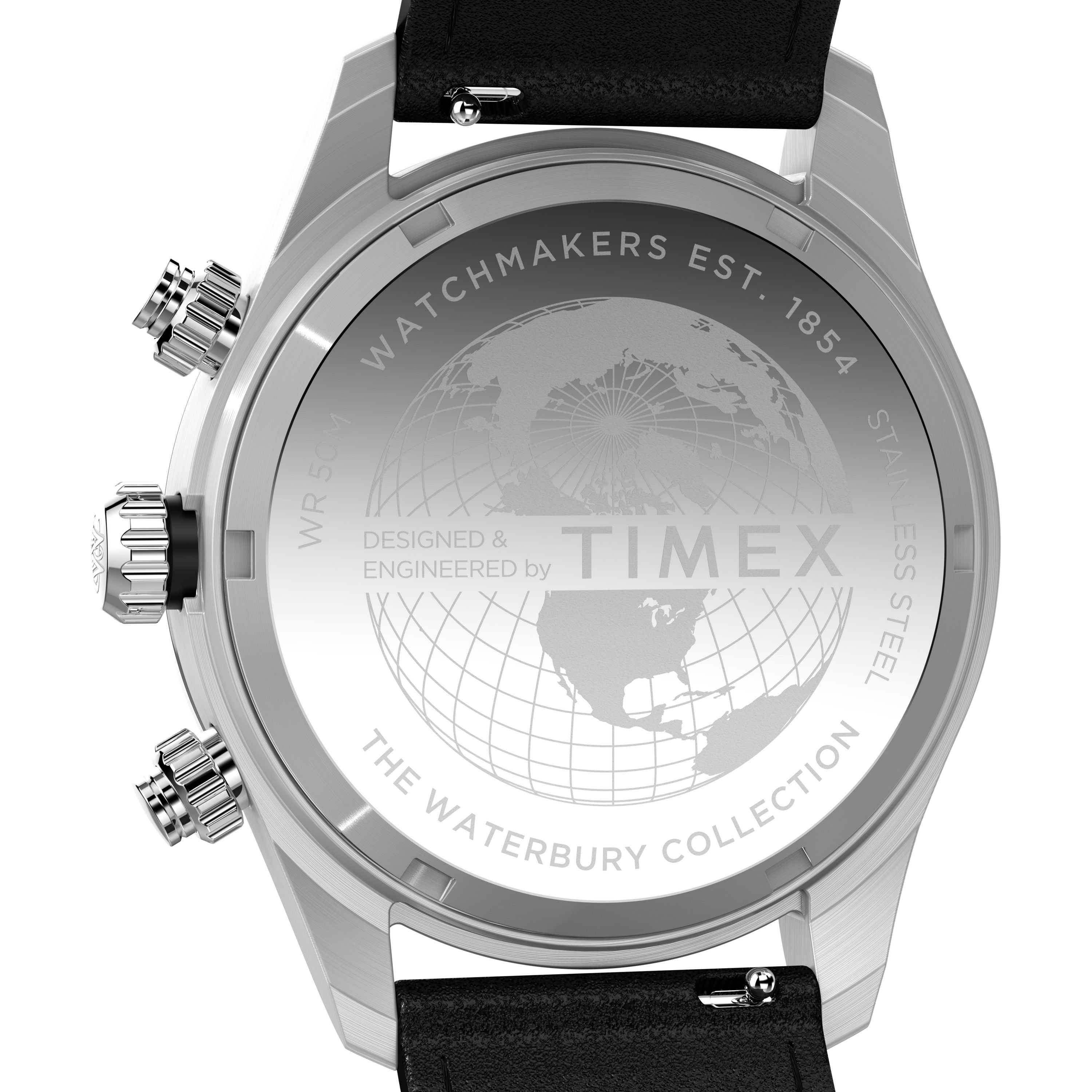 The back of the Timex Waterbury Heritage Chronograph showcases engraved text, a world globe motif, metallic accents, and is paired with a black leather strap.